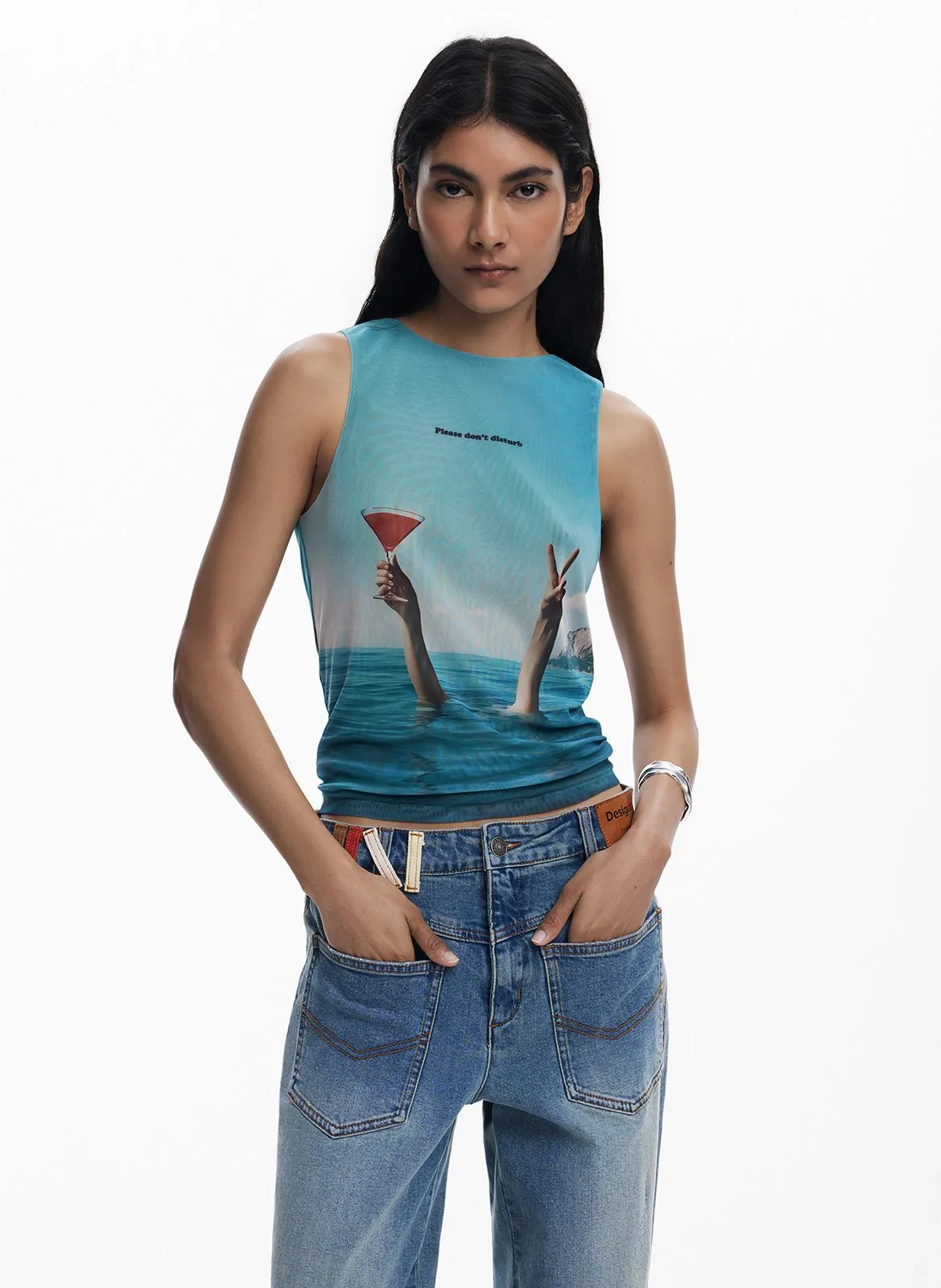 Einfarbiges Tanktop mit Print Weiss