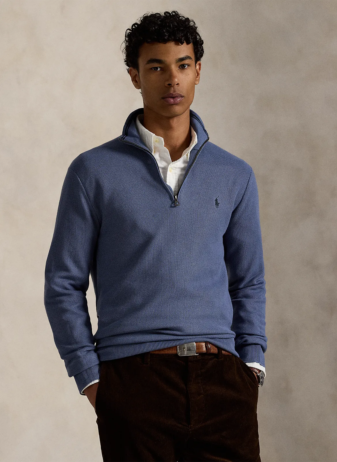 Pullover aus Baumwoll-Piqué mit Stehkragen und Reißverschluss Blau