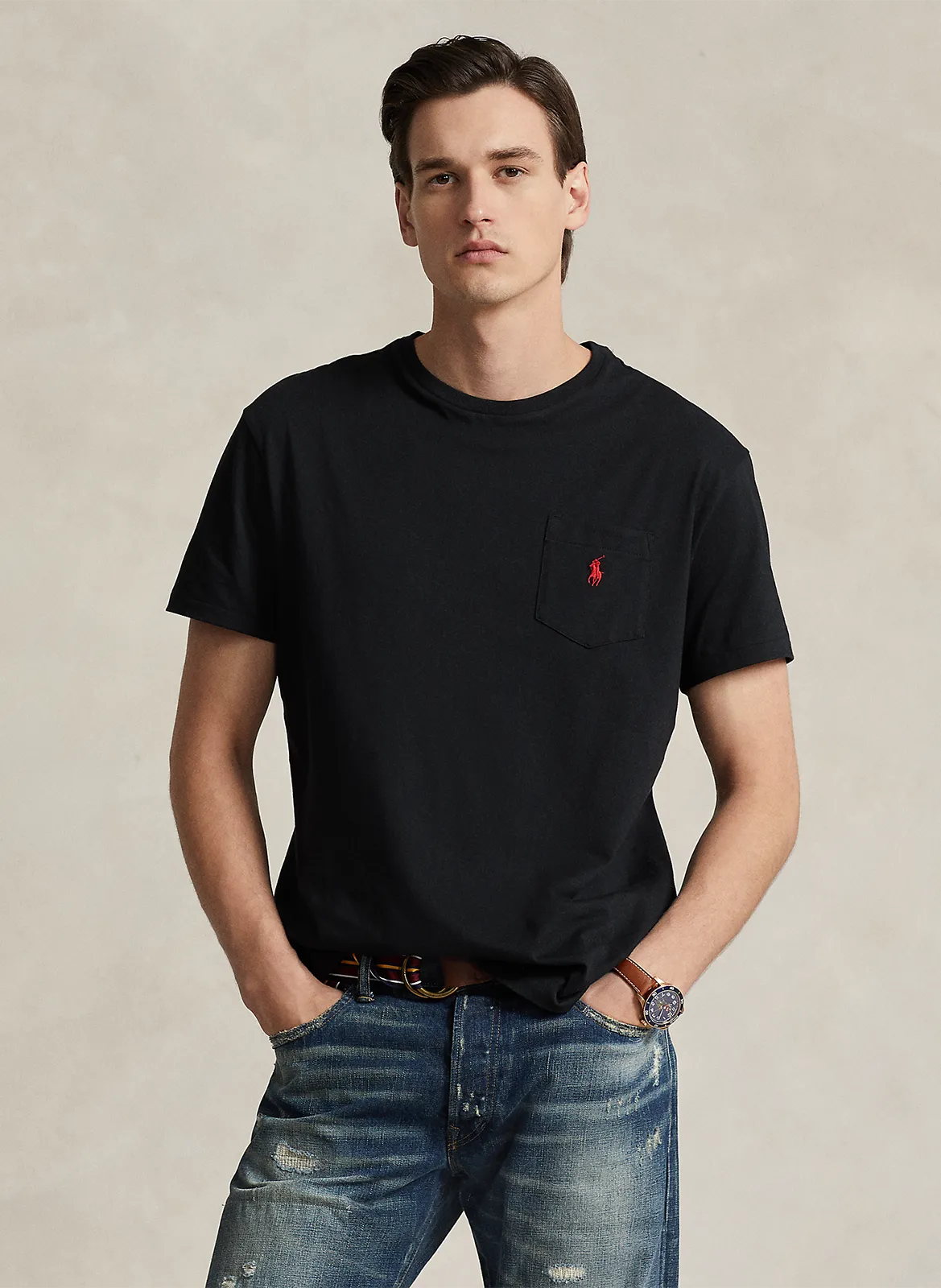 Besticktes Rundhals-T-Shirt aus Baumwolle, Classic Fit Schwarz