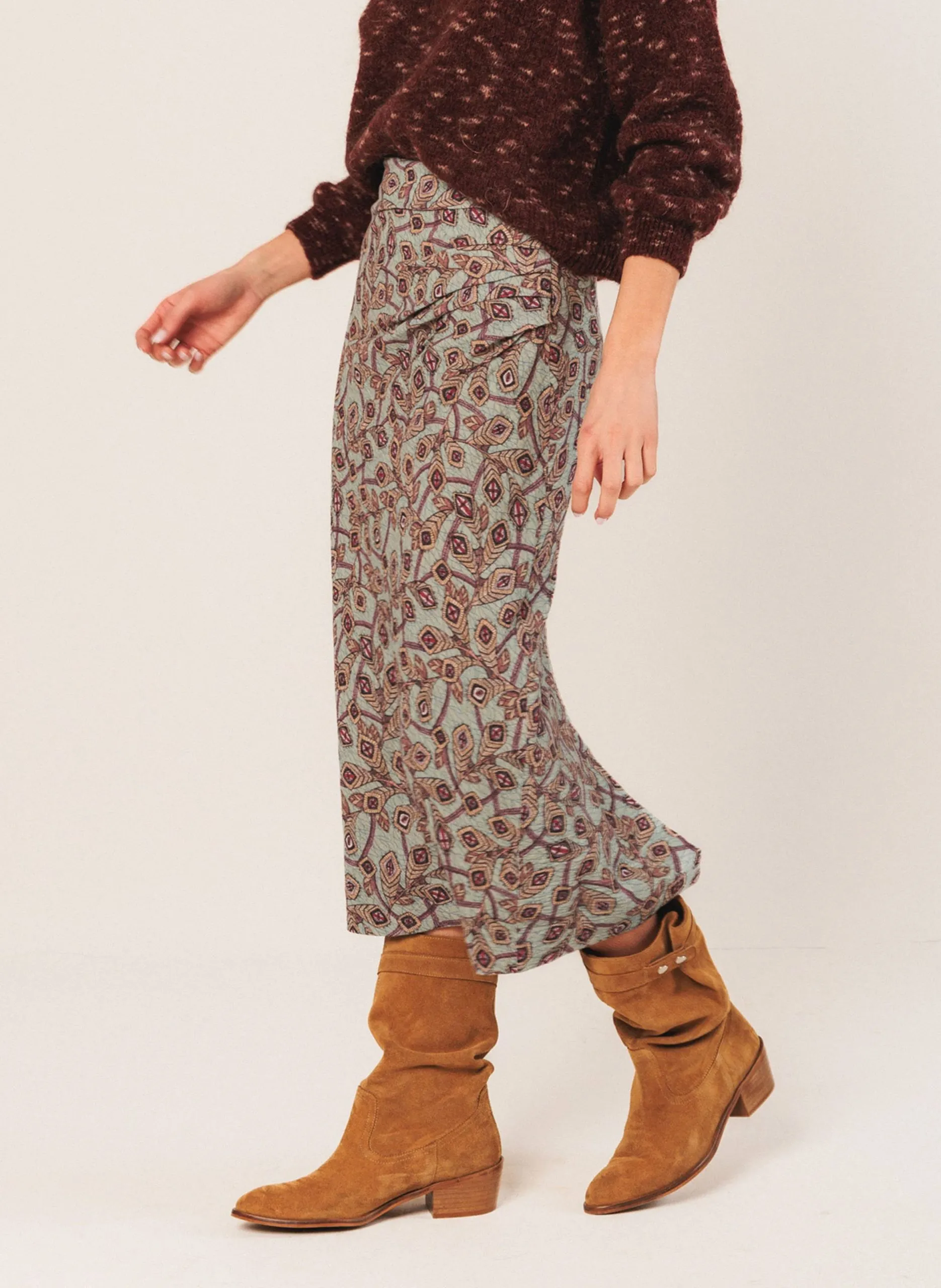 Midi-Rock mit Raffungen und Mustern Blau