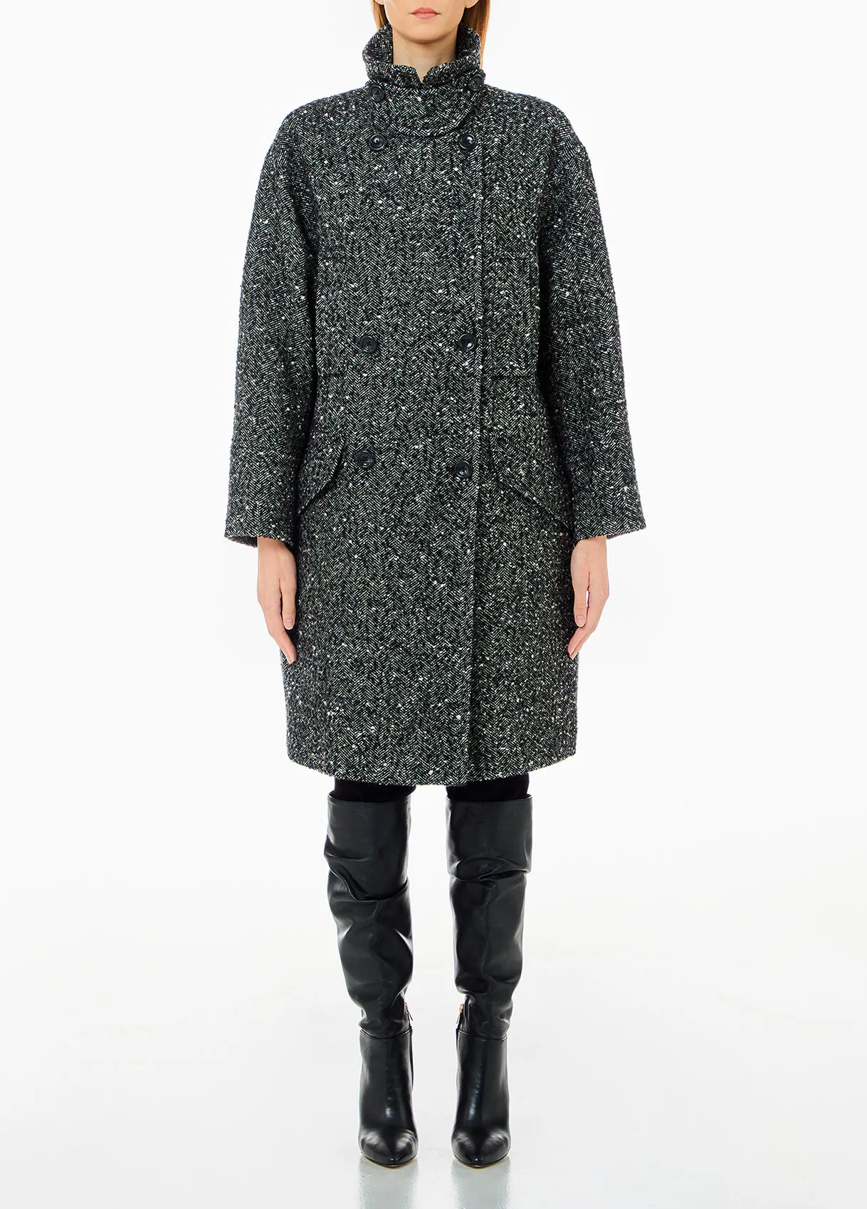 Zweireihiger Bouclé-Mantel aus Wollgemisch