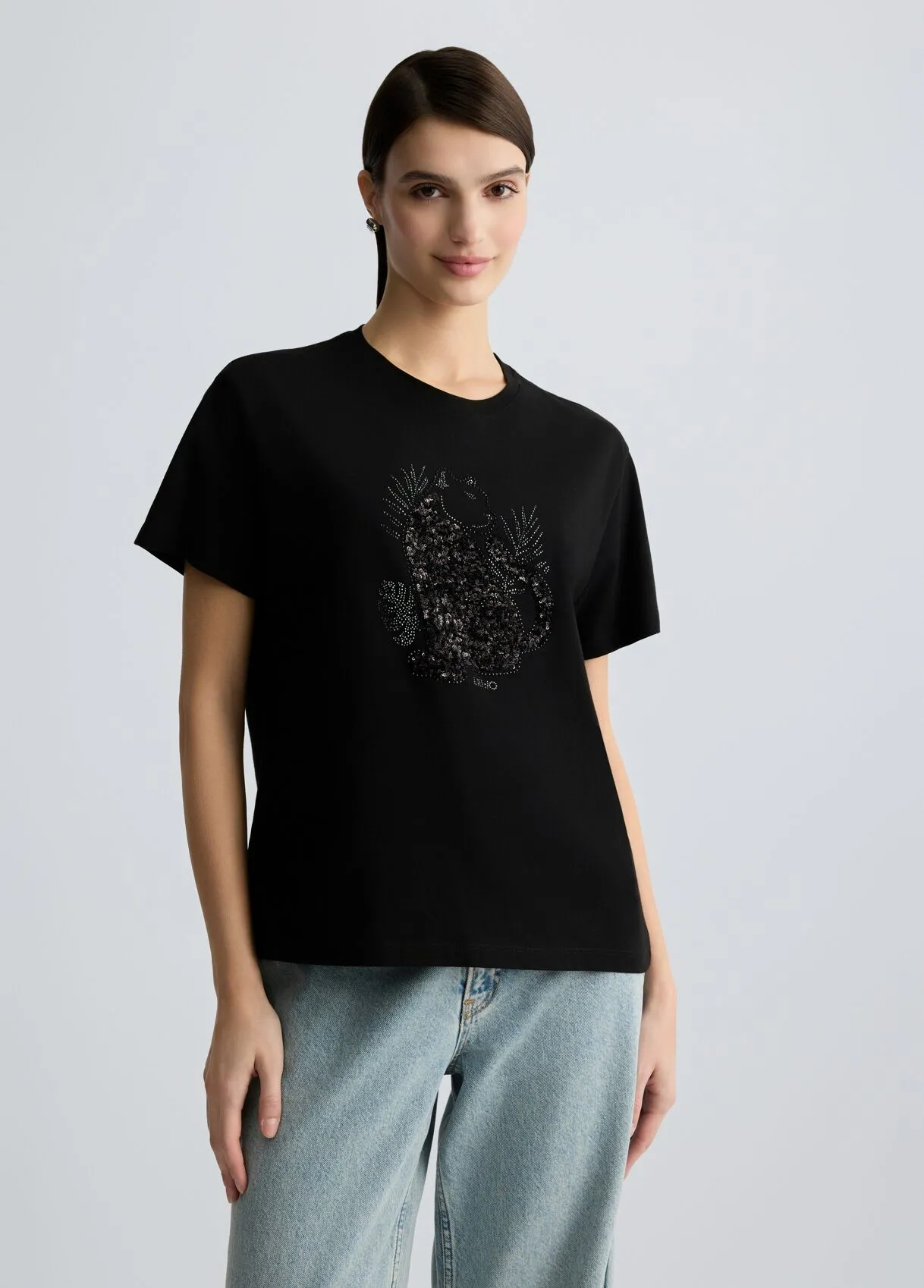 T-Shirt aus Baumwolle mit Pailletten und Strass