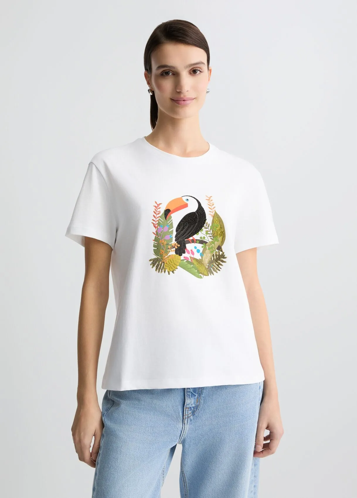 T-Shirt aus Baumwolle mit Print und Strass