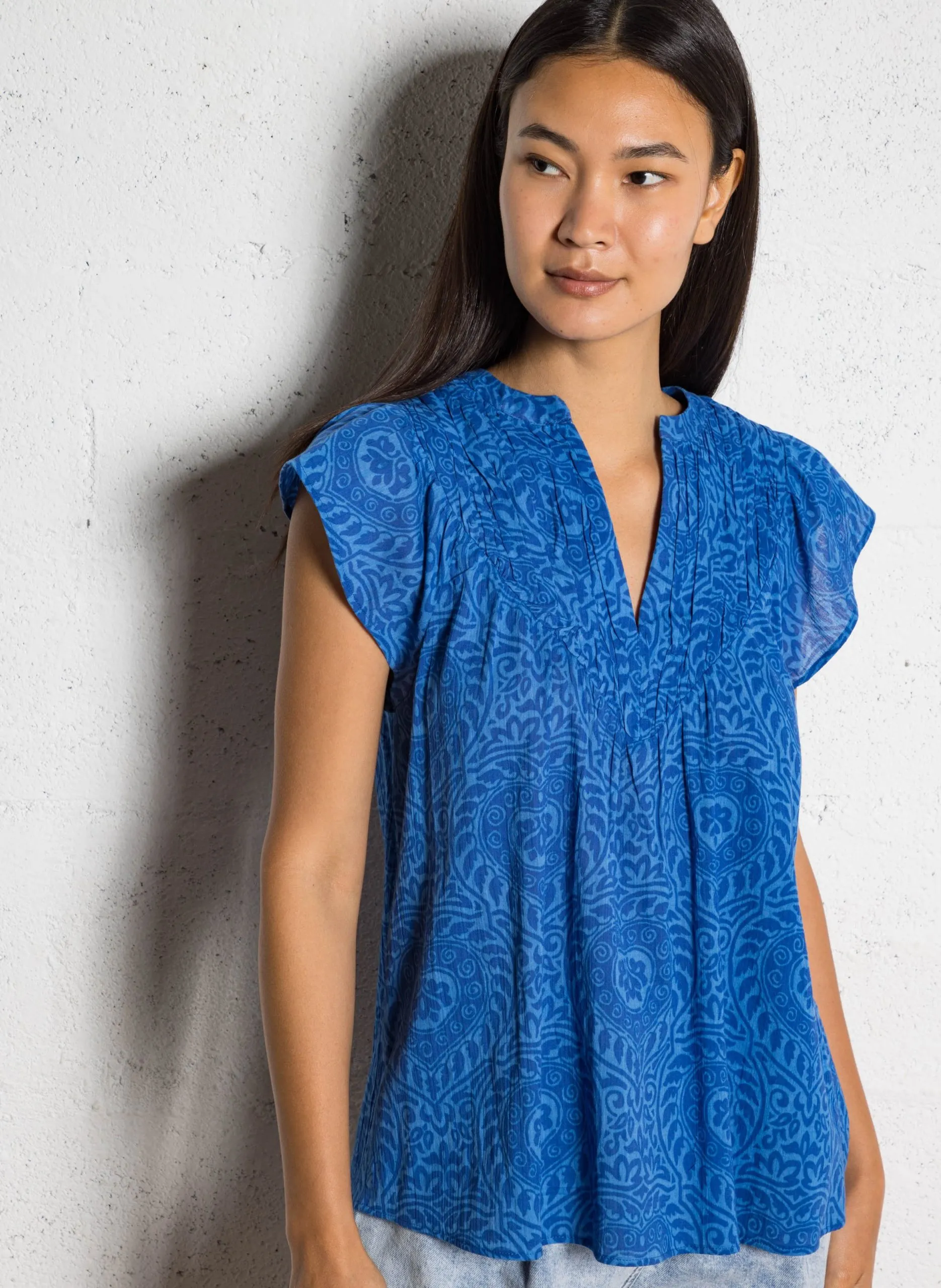 Baumwoll-Top mit V-Ausschnitt Blau BILLIE