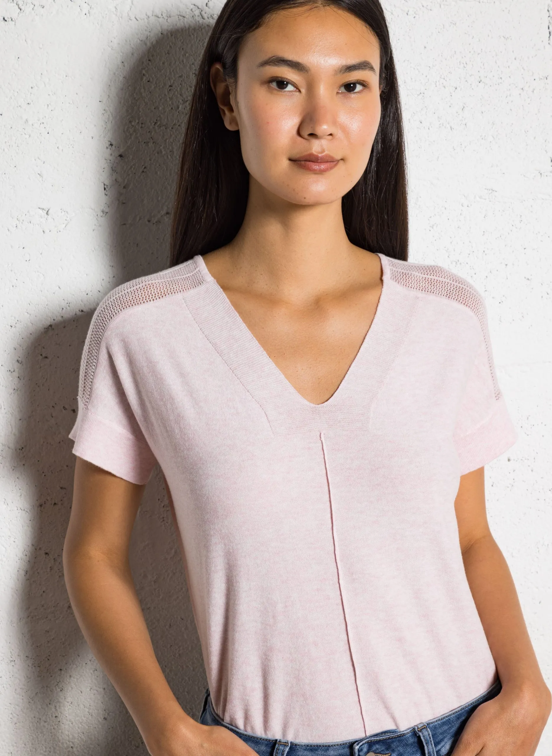 Kurzarm Pullover mit V-Ausschnitt Uni Rosa SCOTTY