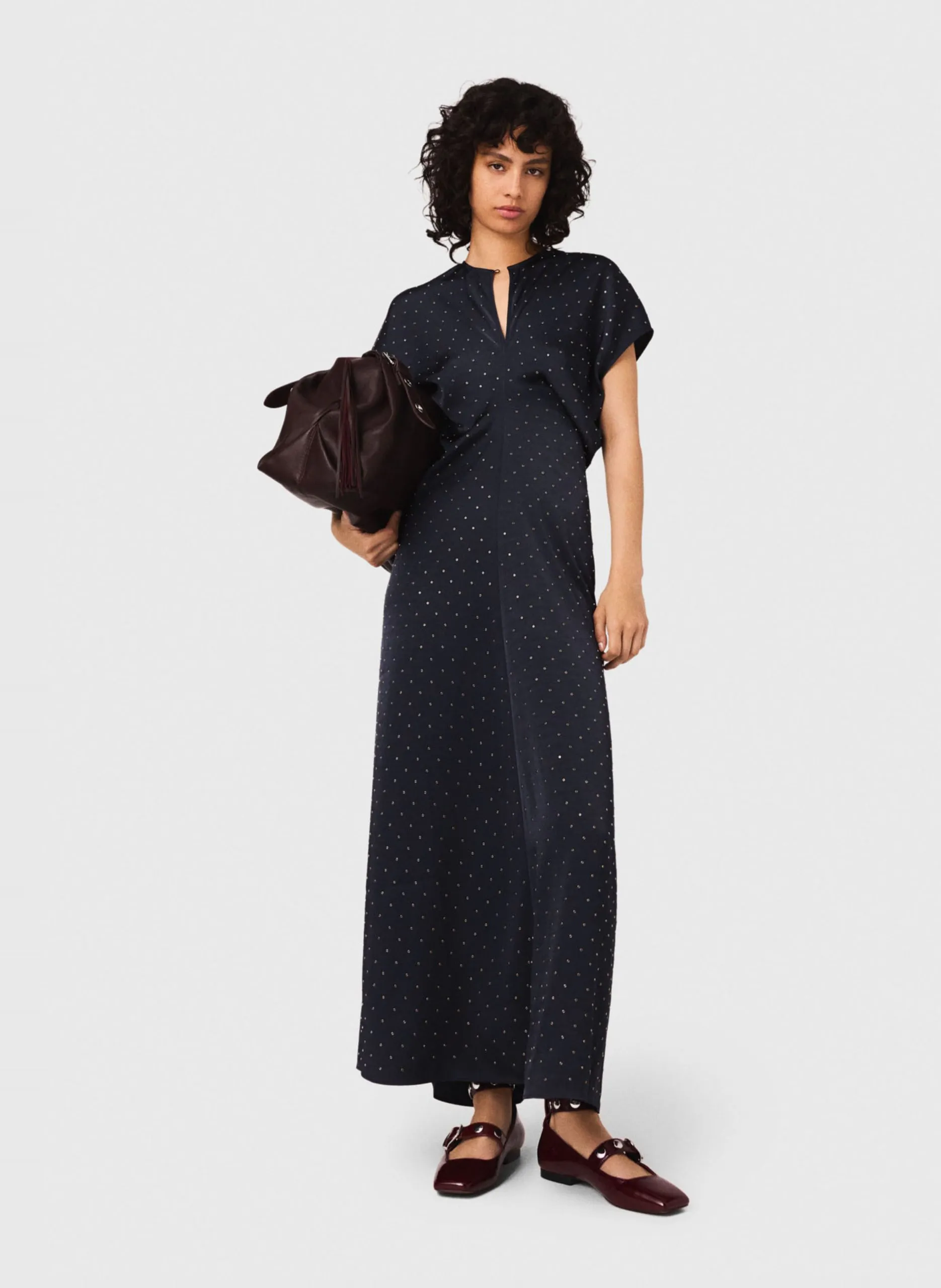 Langarm-Kleid mit V-Ausschnitt und Ösen Blau