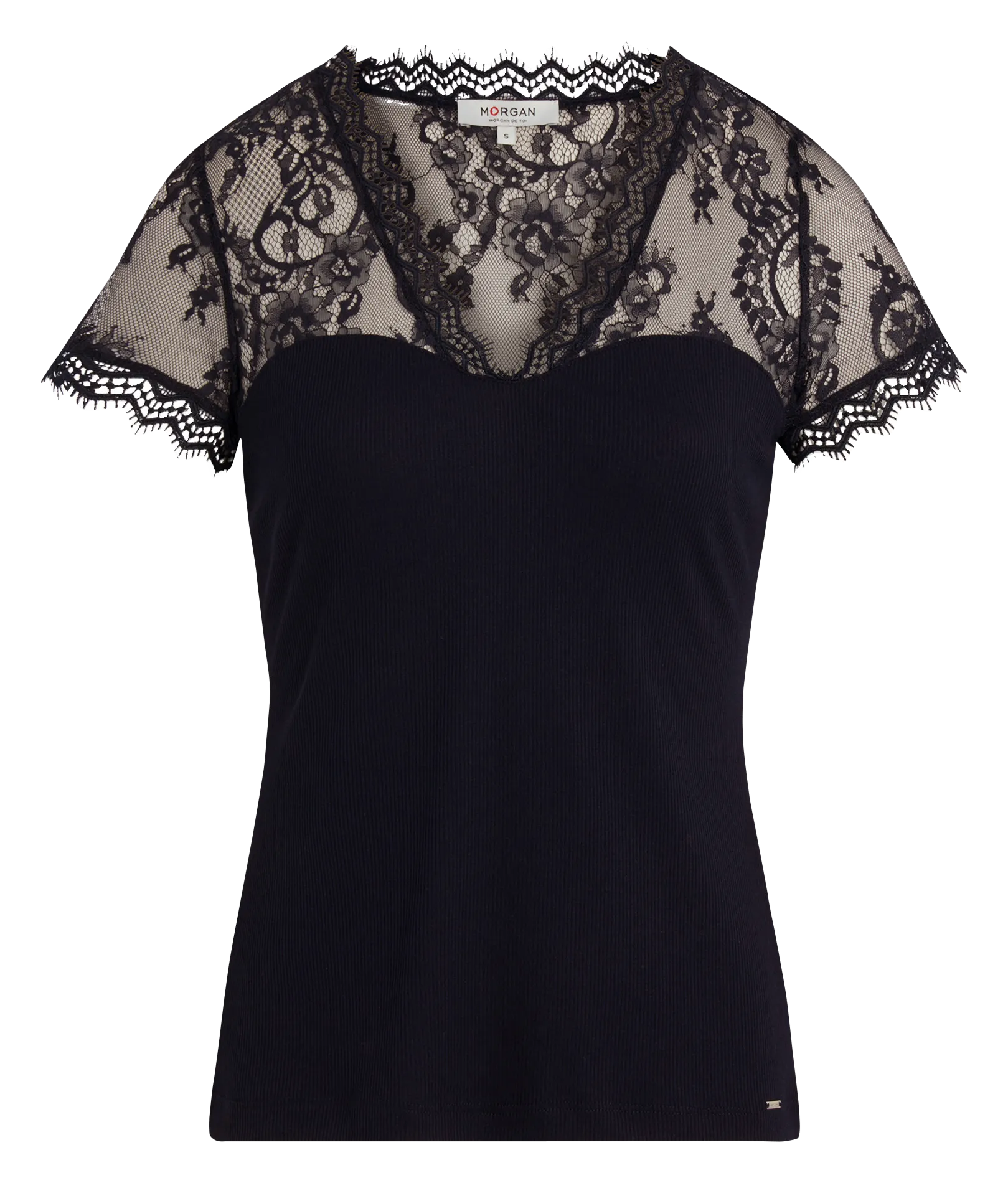 T-Shirt aus Crêpe mit V-Ausschnitt und Spitze Schwarz 232-DLAMI