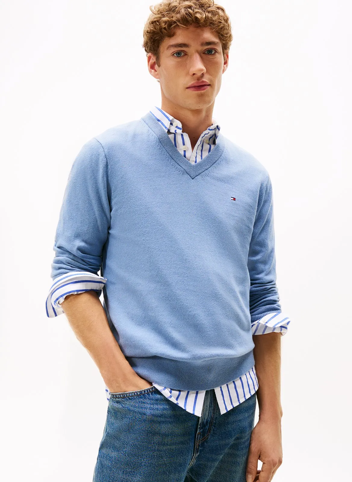 Pullover aus Bio-Baumwoll-Mix mit V-Ausschnitt, Regular Fit Blau