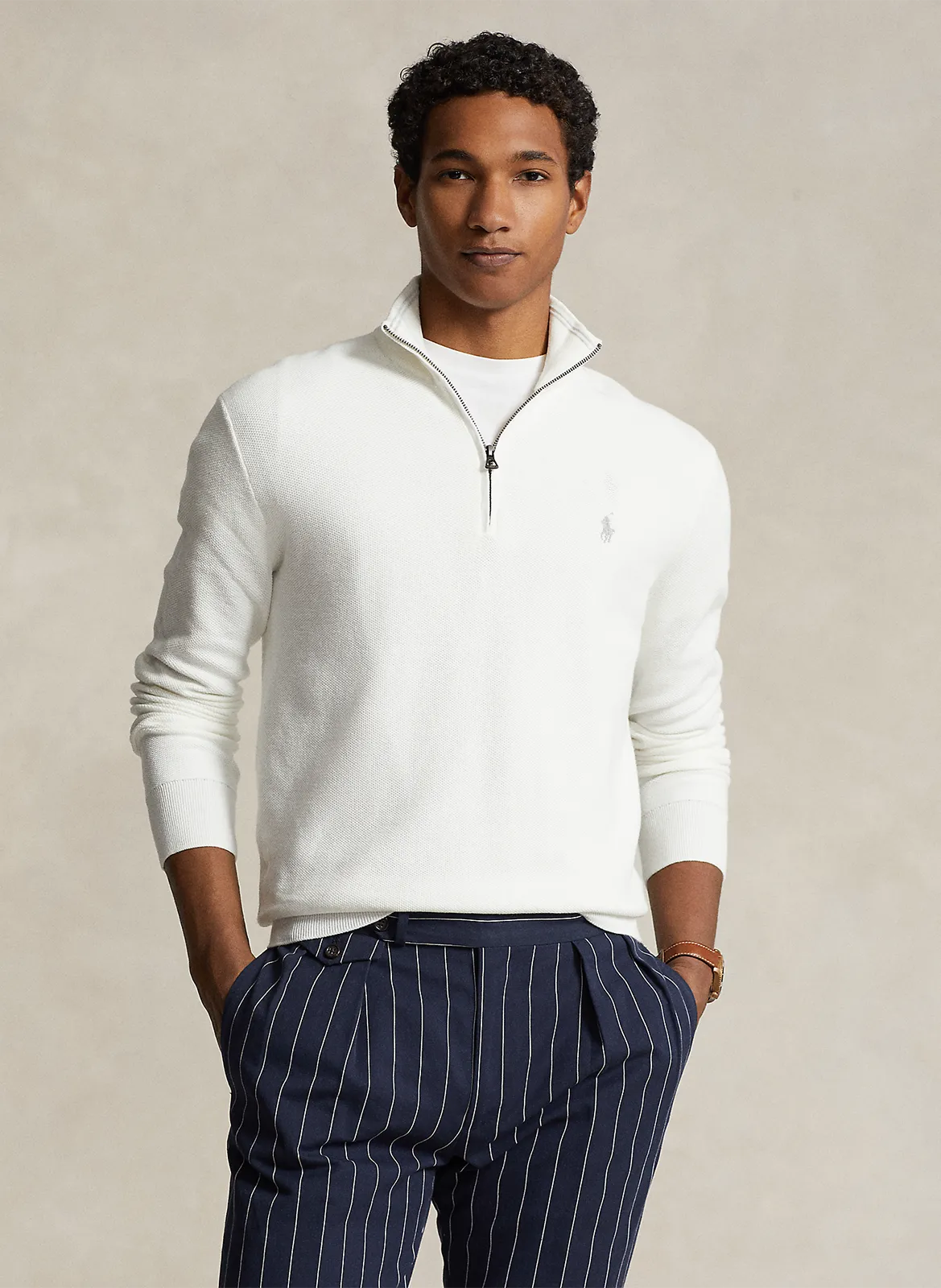 Pullover aus Baumwoll-Piqué mit Stehkragen und Reißverschluss Weiss