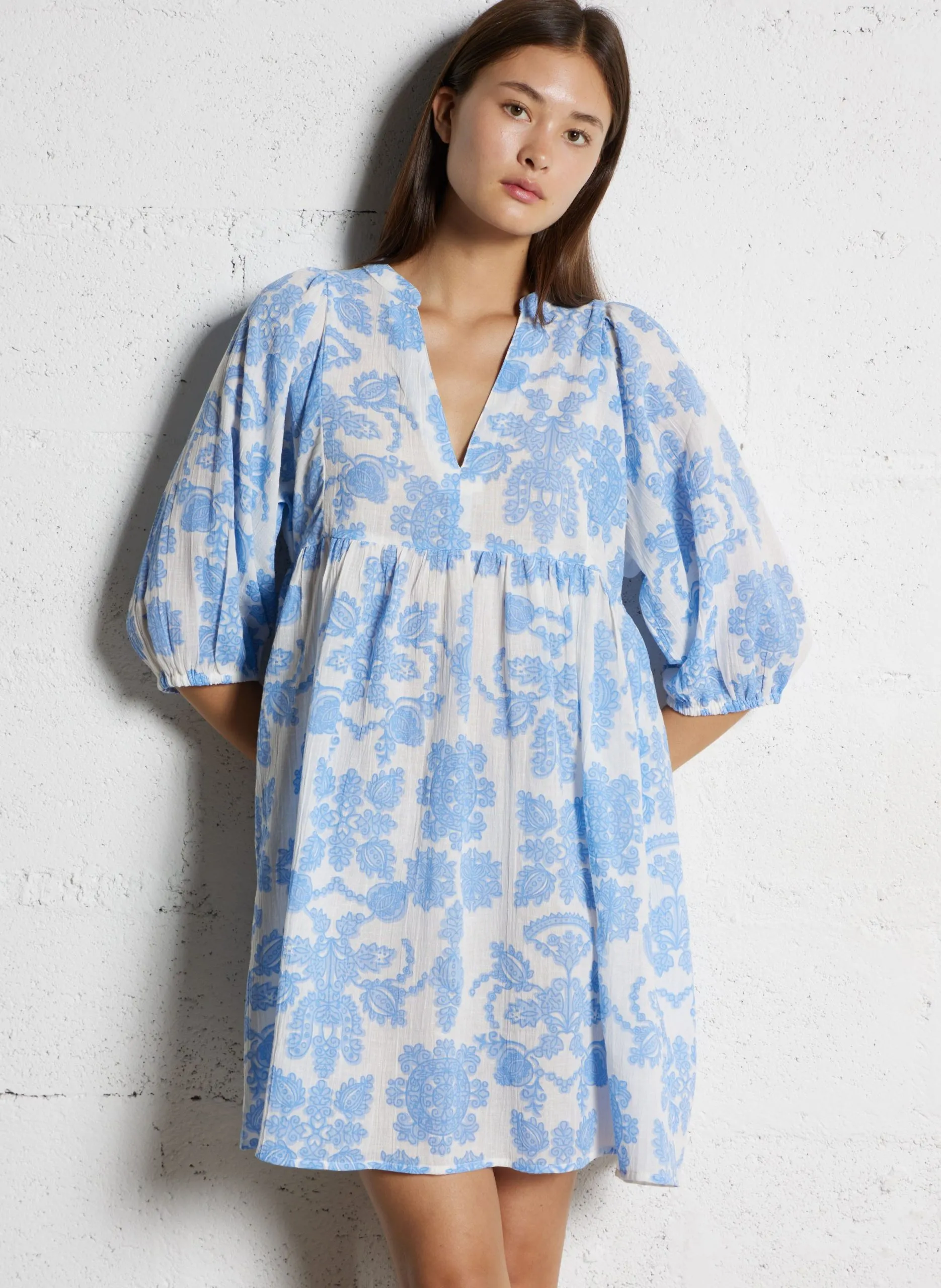 Bedrucktes Kleid mit Rundhalsausschnitt Blau RACHEL