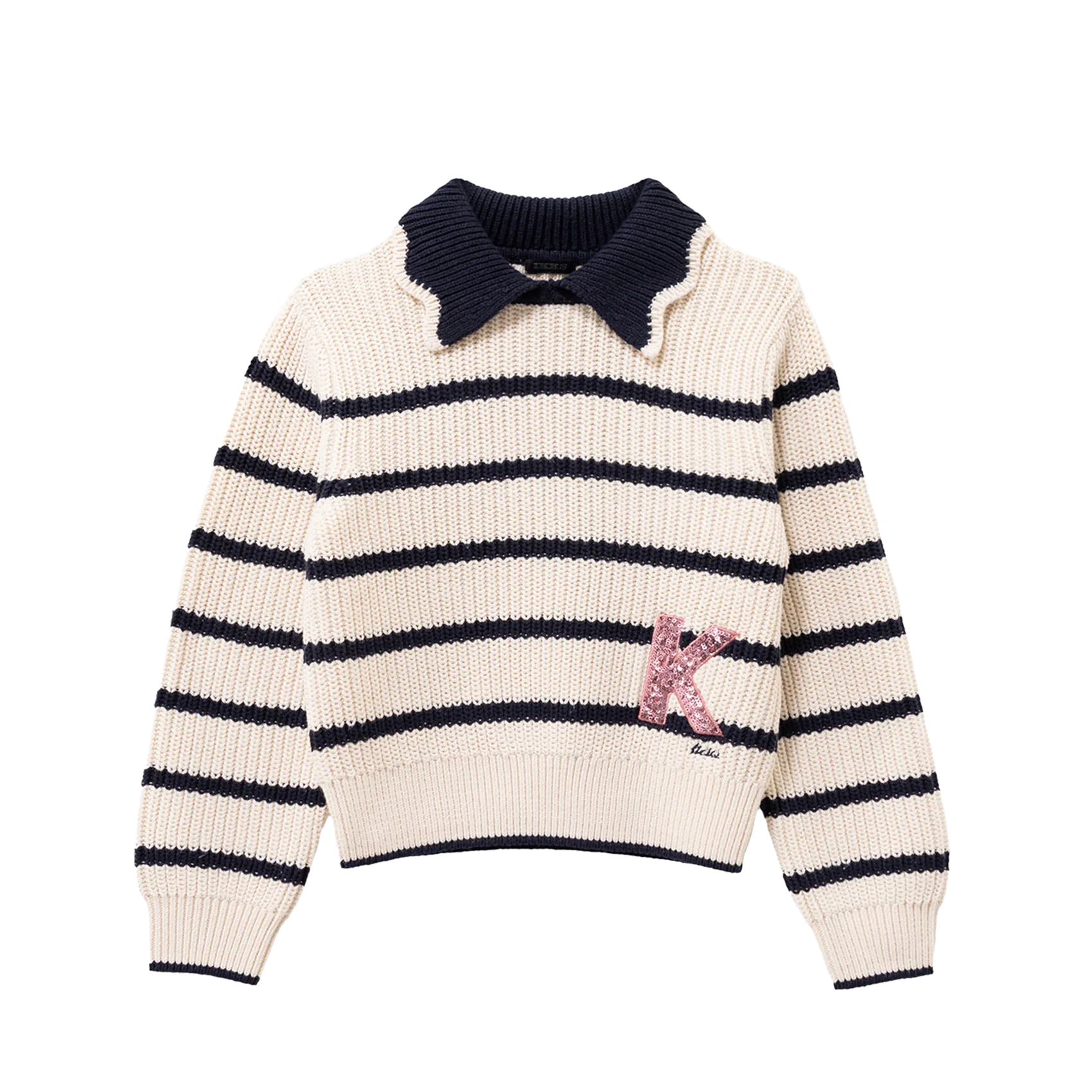 Gestreifter Pullover mit Hemdkragen aus Baumwolle Weiss