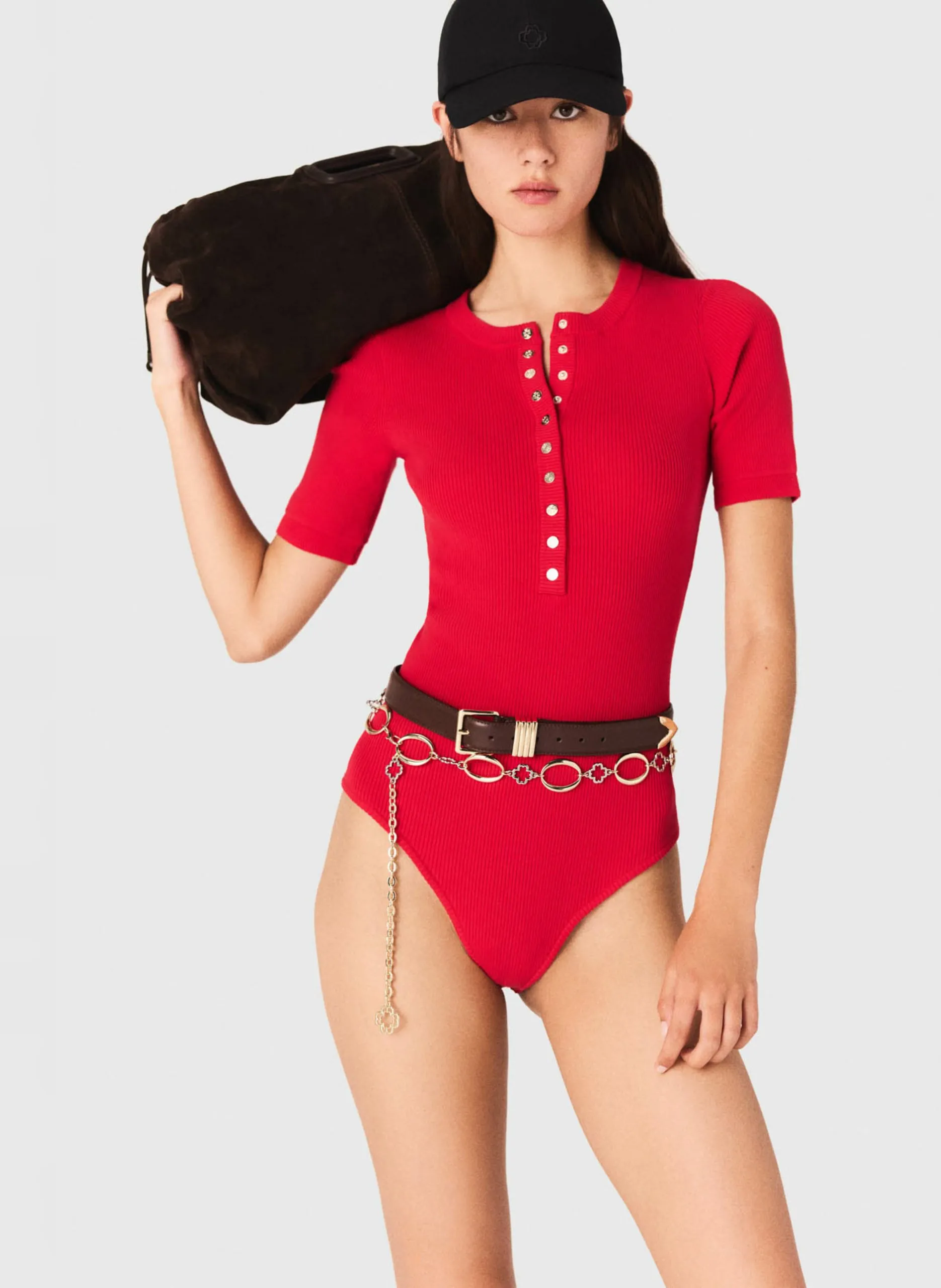 Kurzarm Body mit Knopfleiste Rot