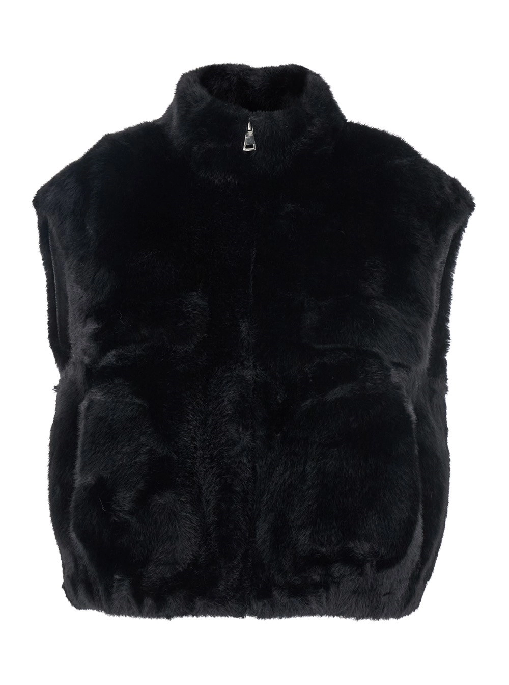 Ärmellose Pelzjacke "Gaby" für Damen aus Ökopelz in Schwarz mit Stehkragen und Reißverschluss vorne