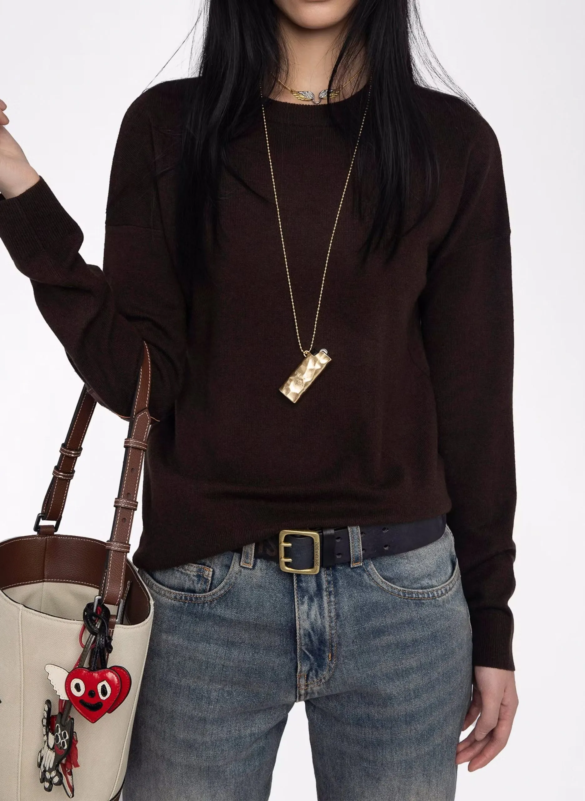 Rundhalsausschnitt-Pullover mit Kaschmir-Patch Braun CICI