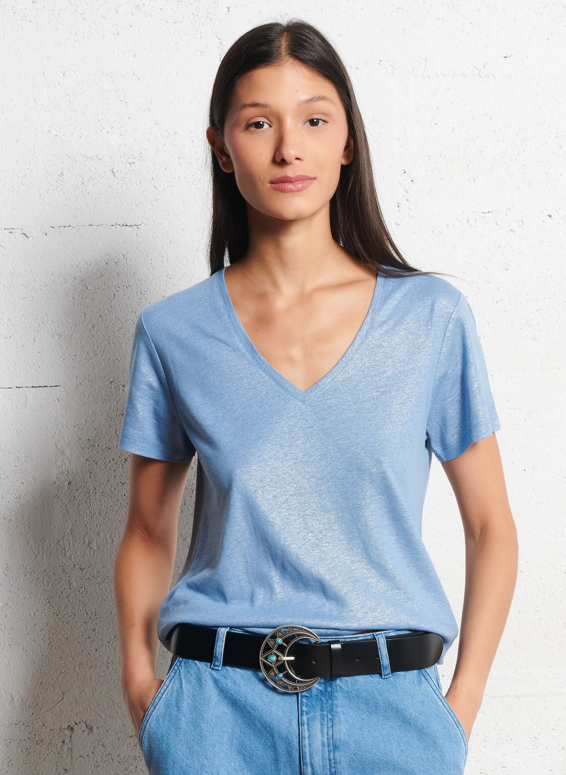 Glitzerndes V-Ausschnitt T-Shirt aus Leinenmischung Blau