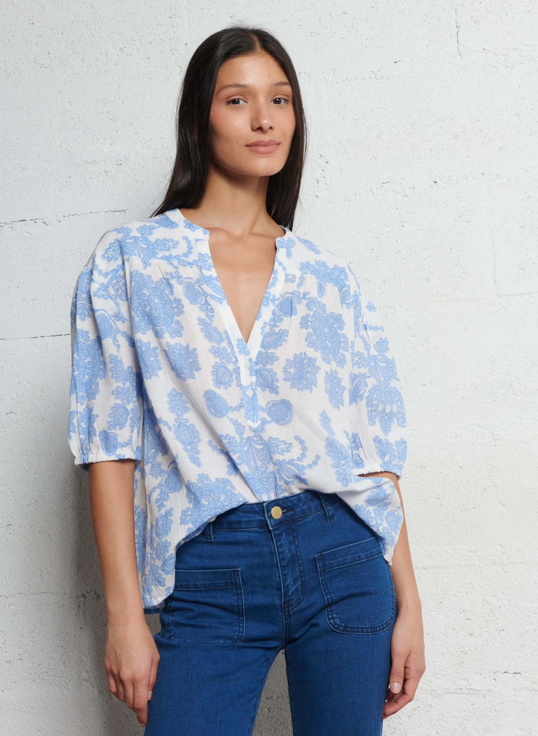 Gerade Bluse aus bedruckter Baumwollmischung Blau SUN