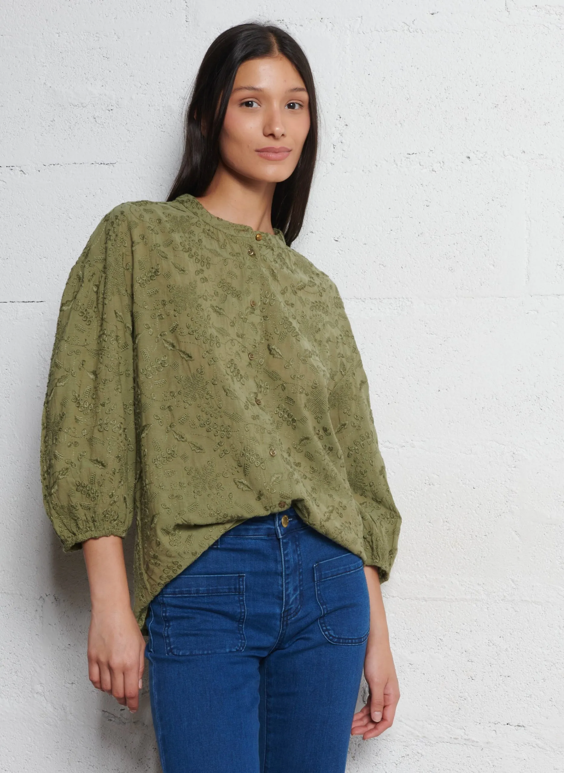 Weite Bluse mit Mao-Kragen Khaki SIENA