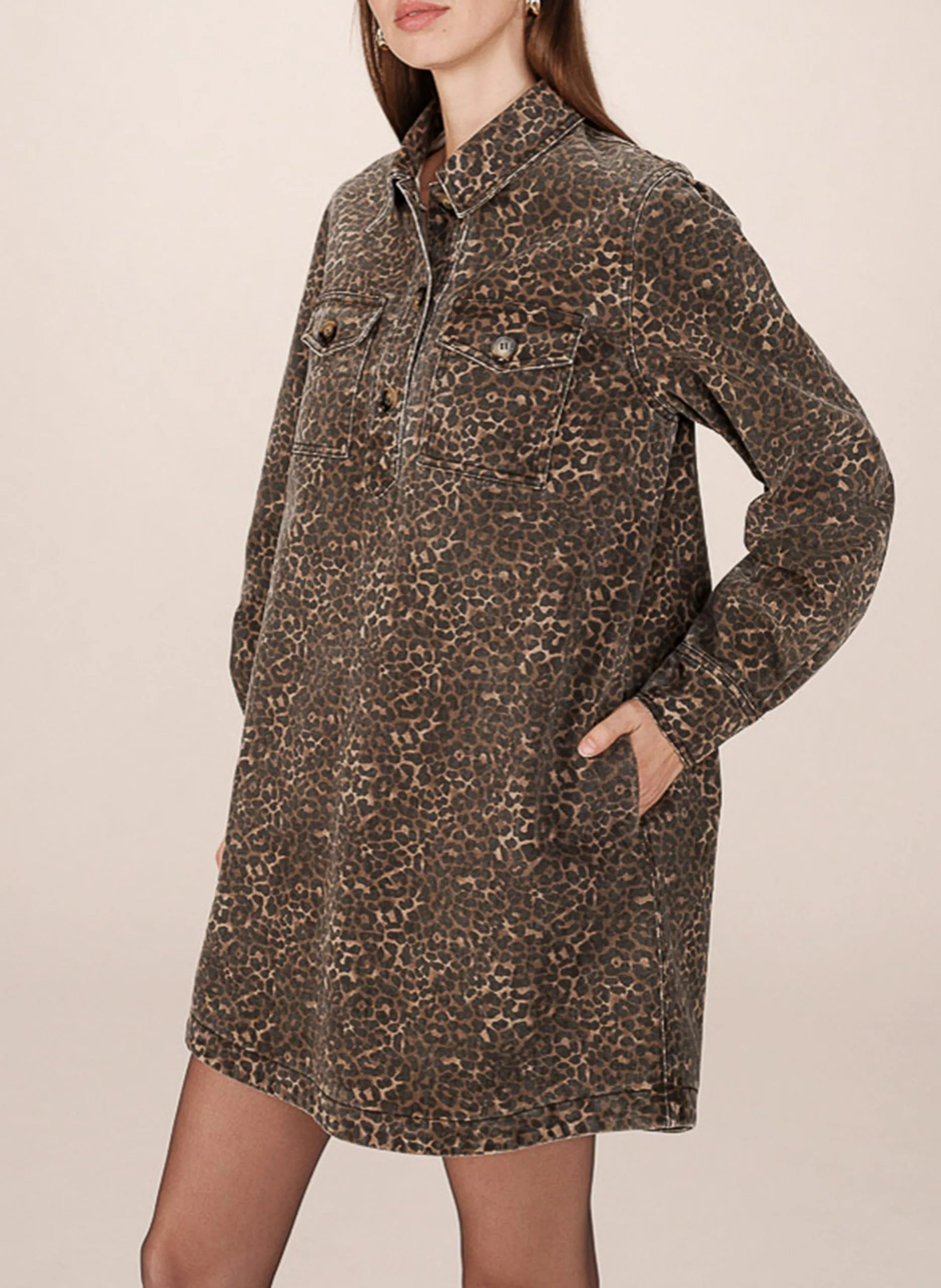 Ausgestelltes Baumwoll-Kurzkleid mit klassischem Kragen Braun SALLY