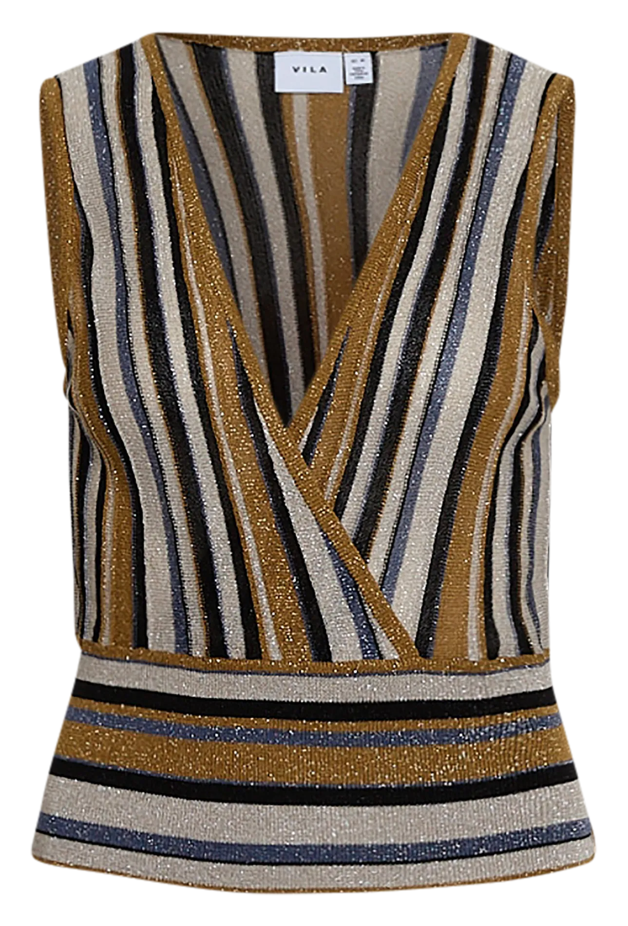 Glitzer gestreiftes V-Ausschnitt-Top Braun SAXY