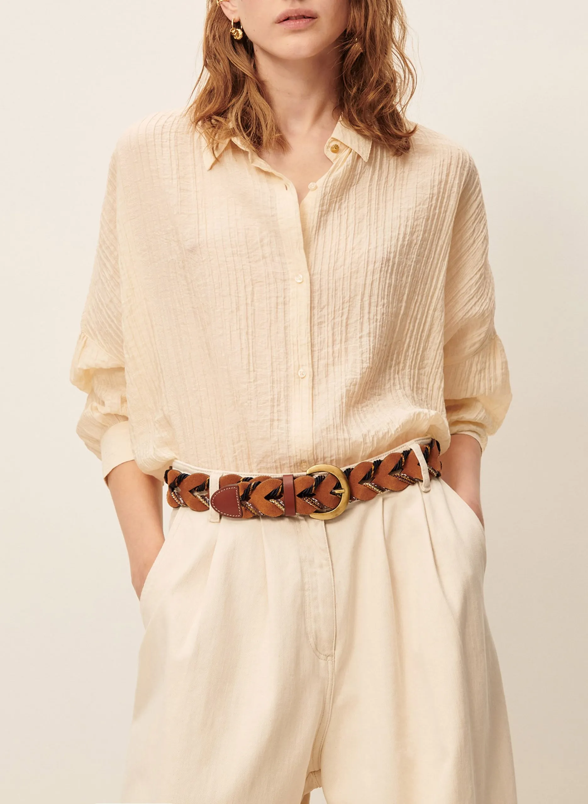 Gestreifte Oversize-Bluse aus Baumwolle mit klassischem Kragen Beige BOTAN