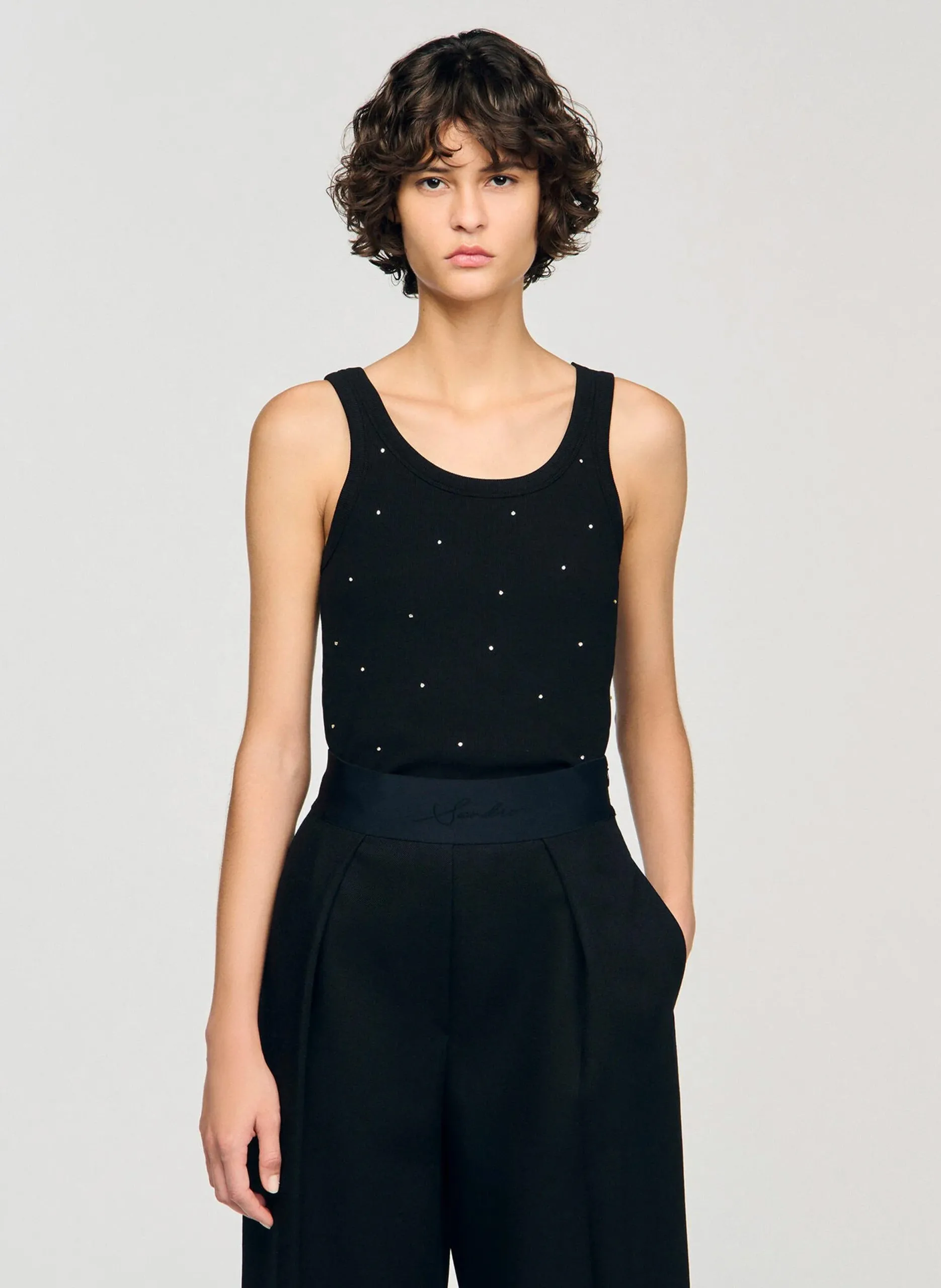 Ärmelloses Top mit Strass aus Baumwolle Schwarz