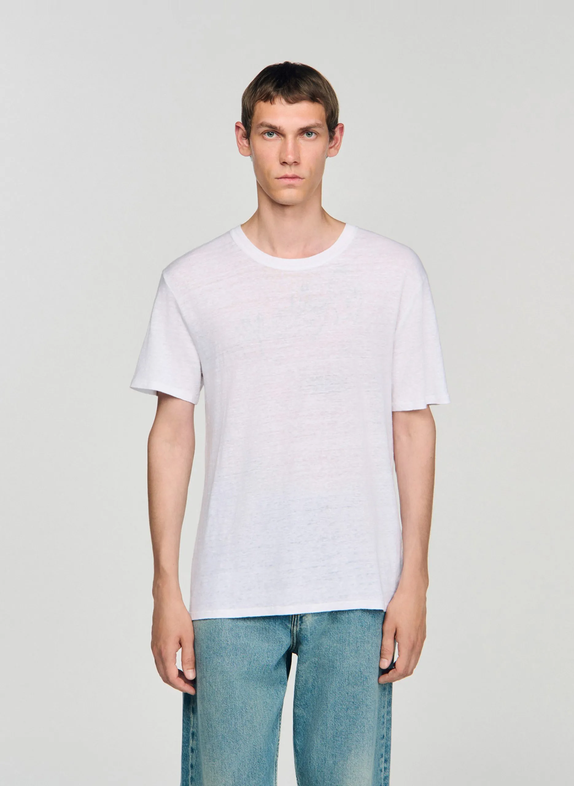 Rundhals-T-Shirt aus Leinen, Regular Fit Weiss