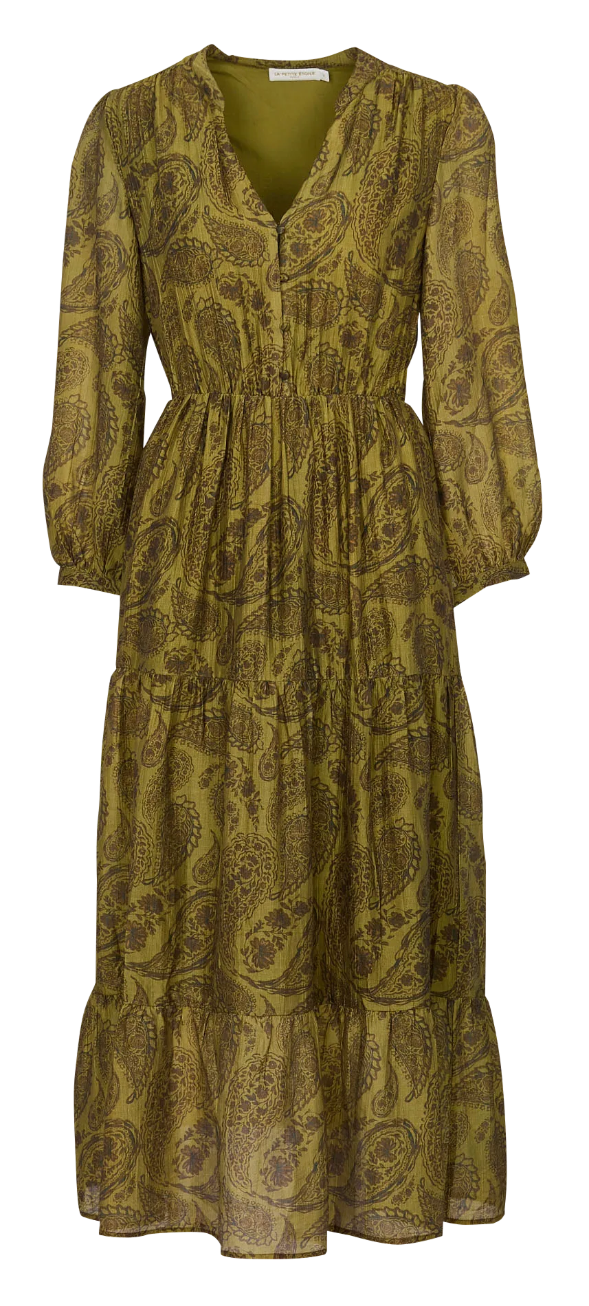 Langes. tailliertes Kleid mit V-Ausschnitt Mehrfarbig RYMA