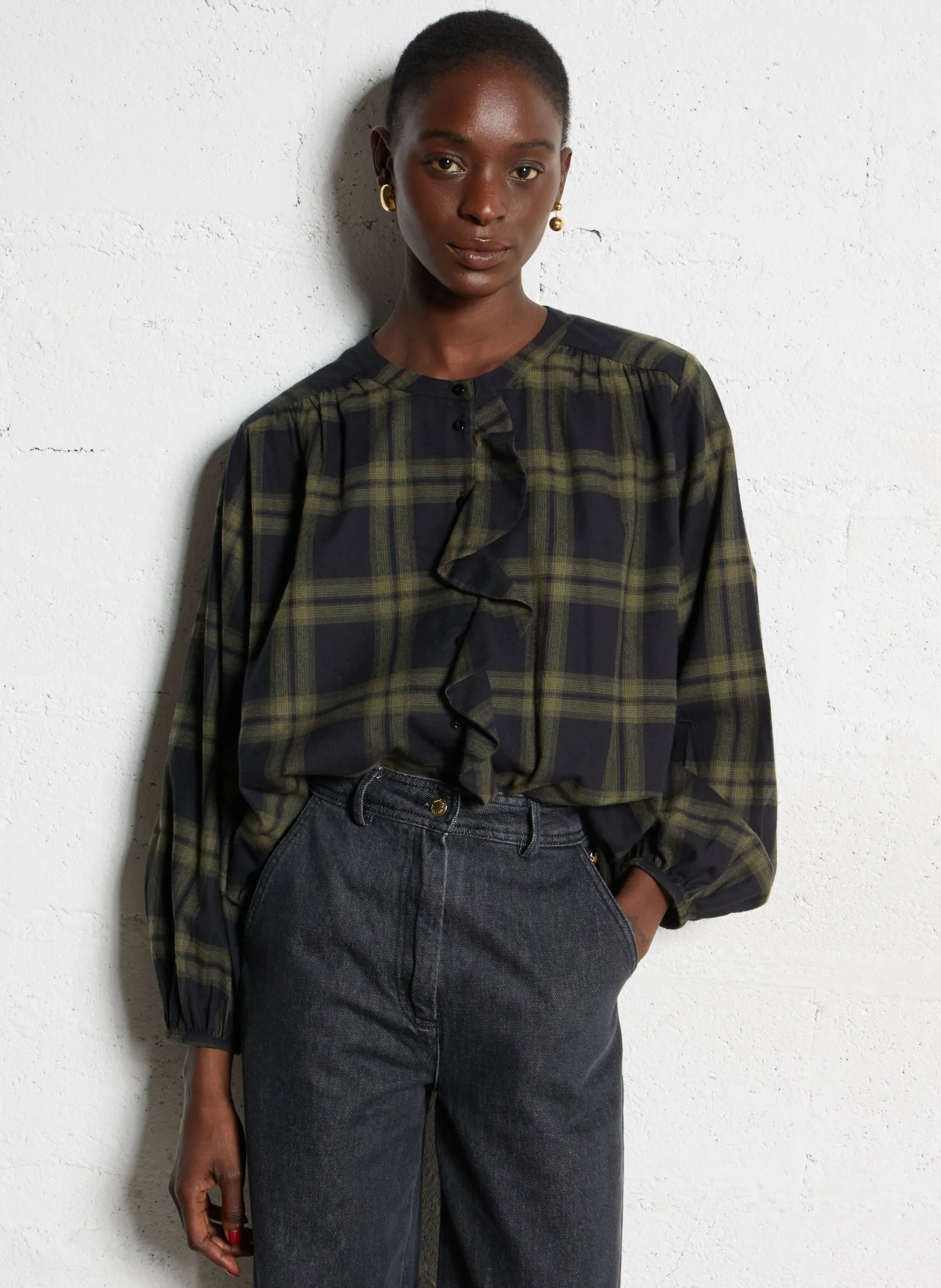 Oversize Bluse aus bedruckter Baumwolle Grun SERENA