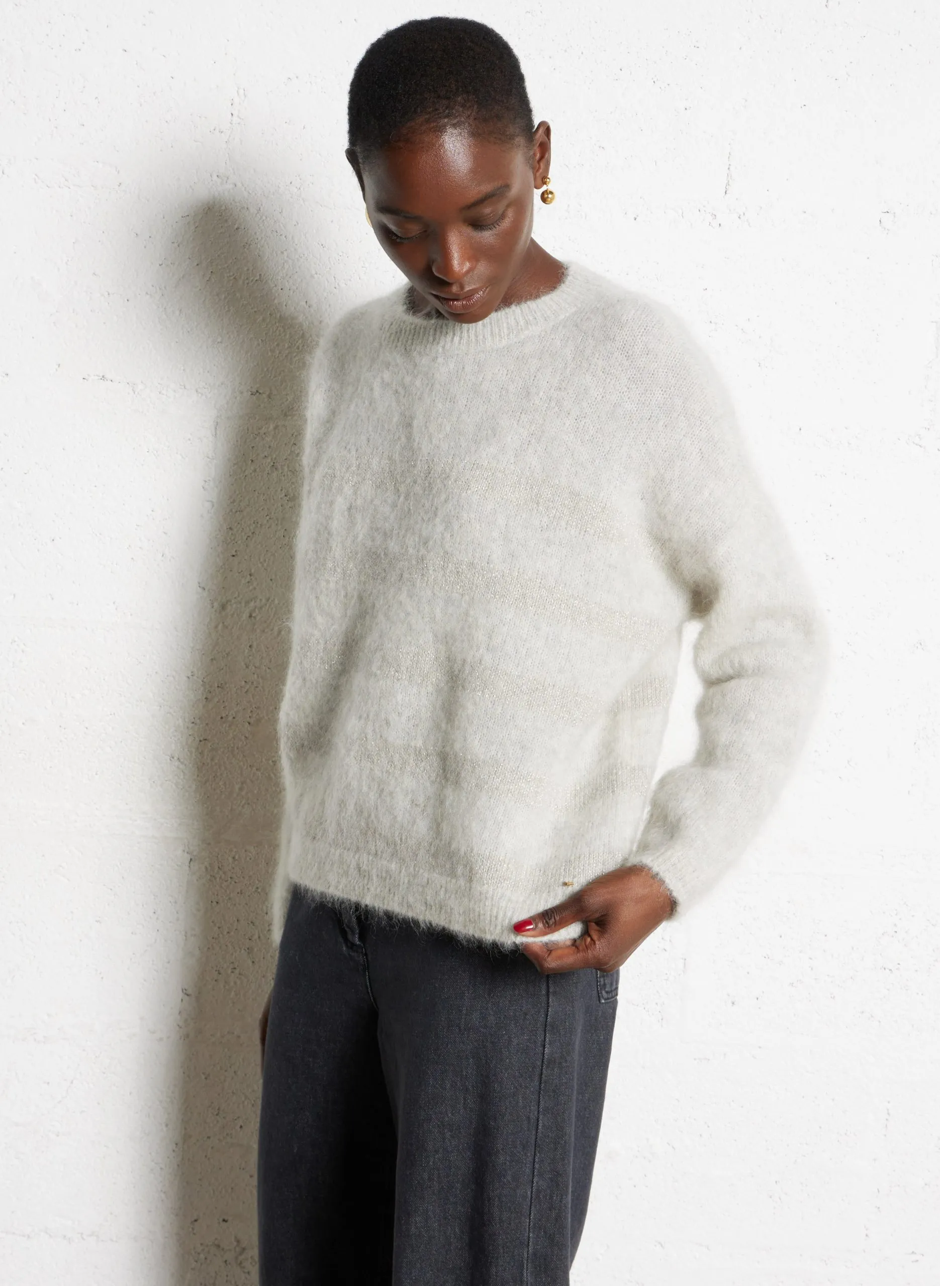 Weiter gestreifter Pullover aus Leinenmix Grau ALEO