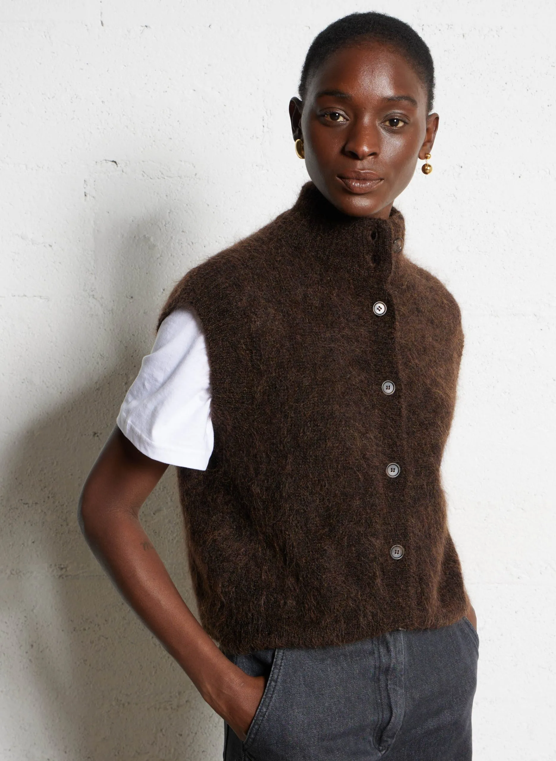 Strickjacke aus Wollmix mit Stehkragen Braun ALIBOU