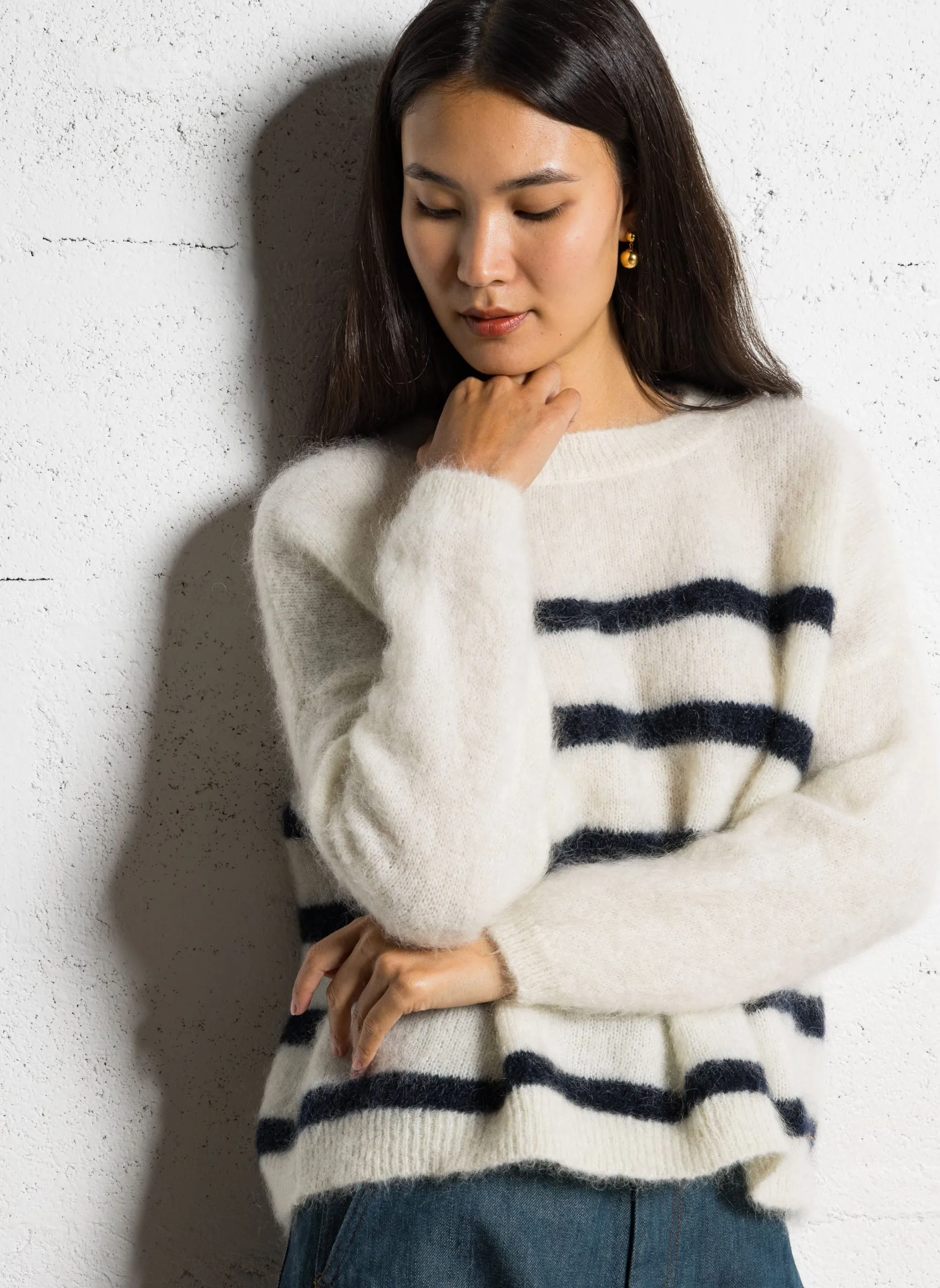 Weiter gestreifter Pullover aus Leinenmix Beige ALEO