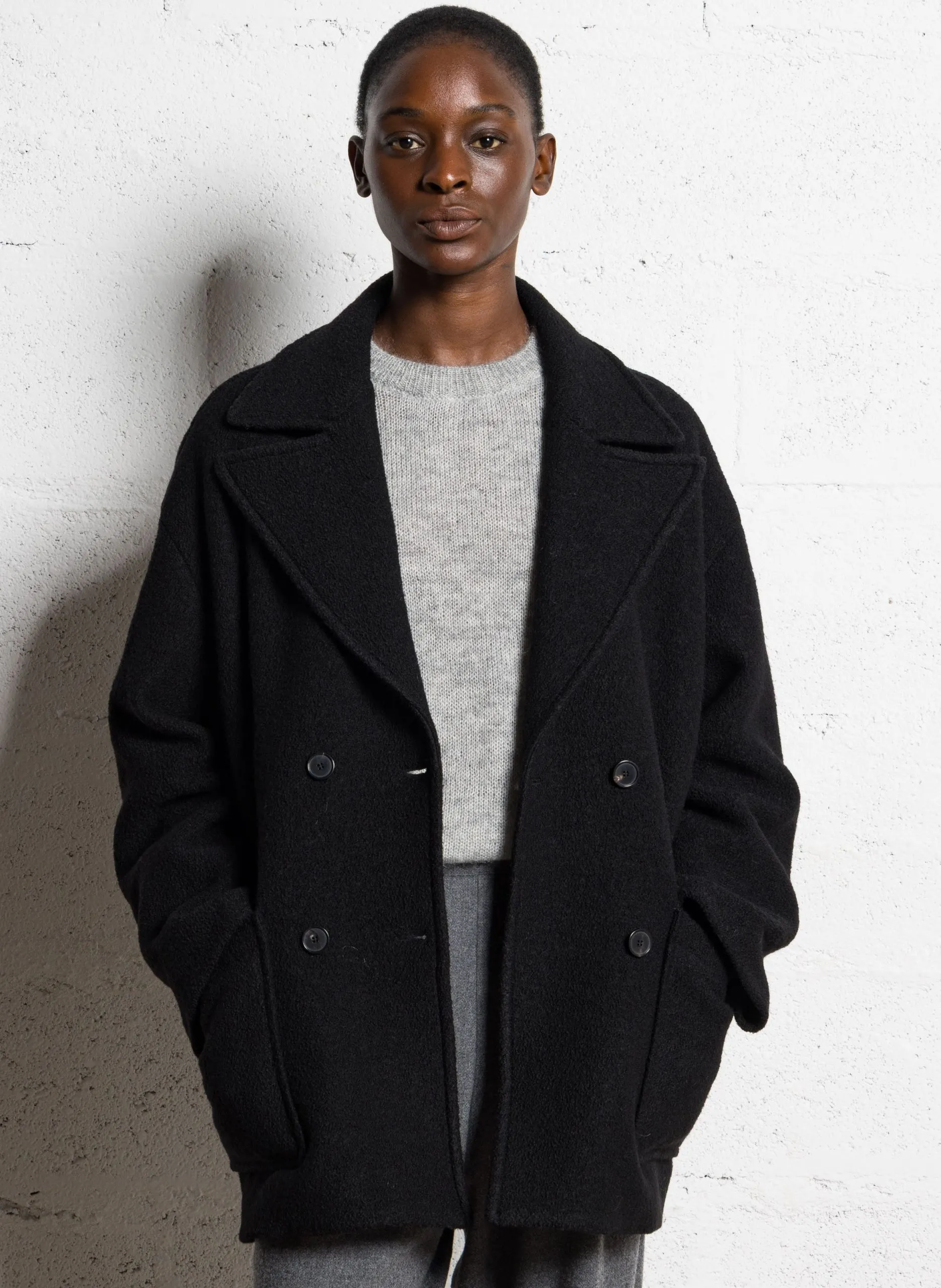 Cocoon-Mantel aus Wolle mit Reverskragen Schwarz SEVERIN