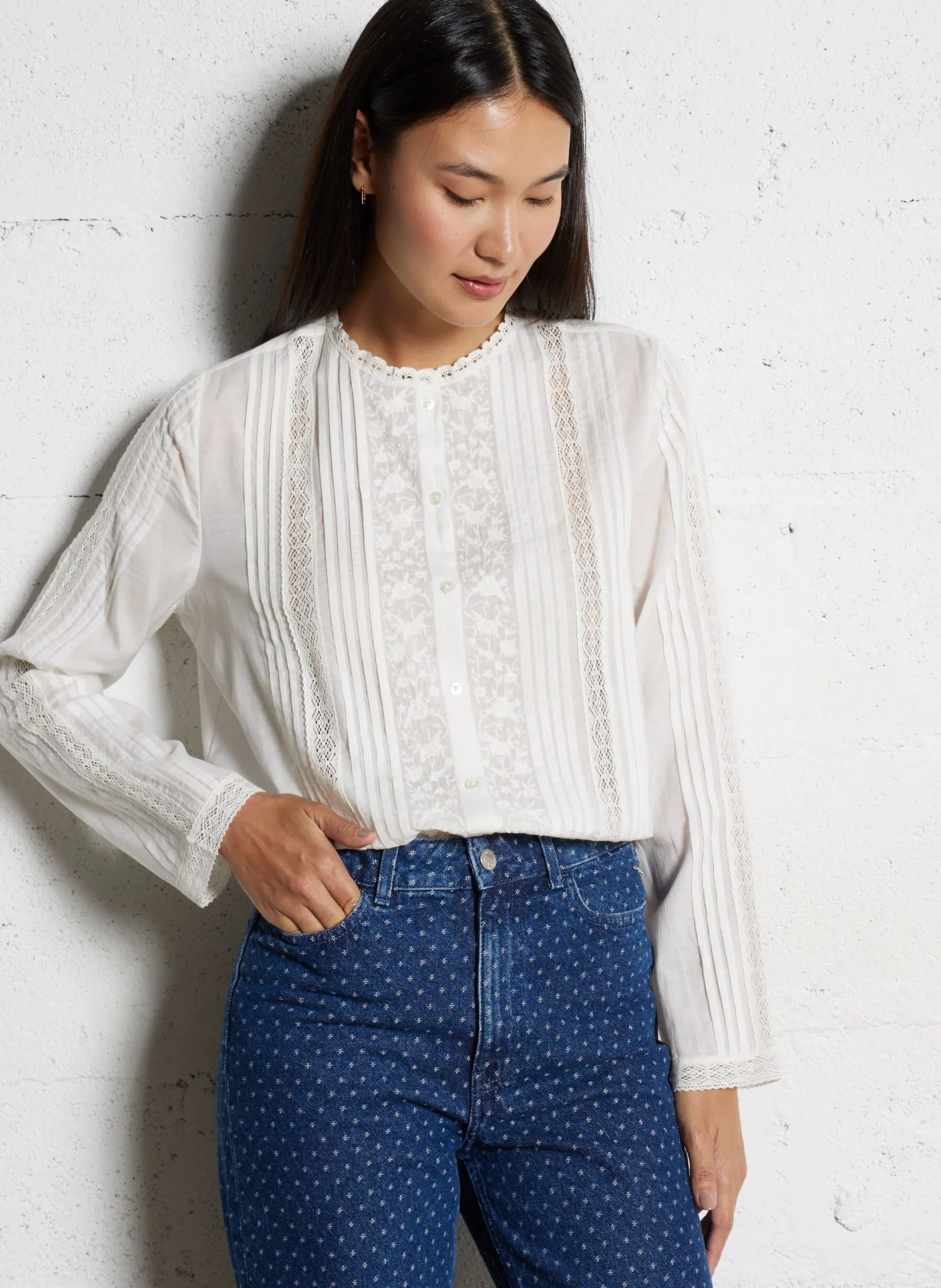 Gerade Bluse aus bestickter Baumwollmischung Weiss ETERNEL