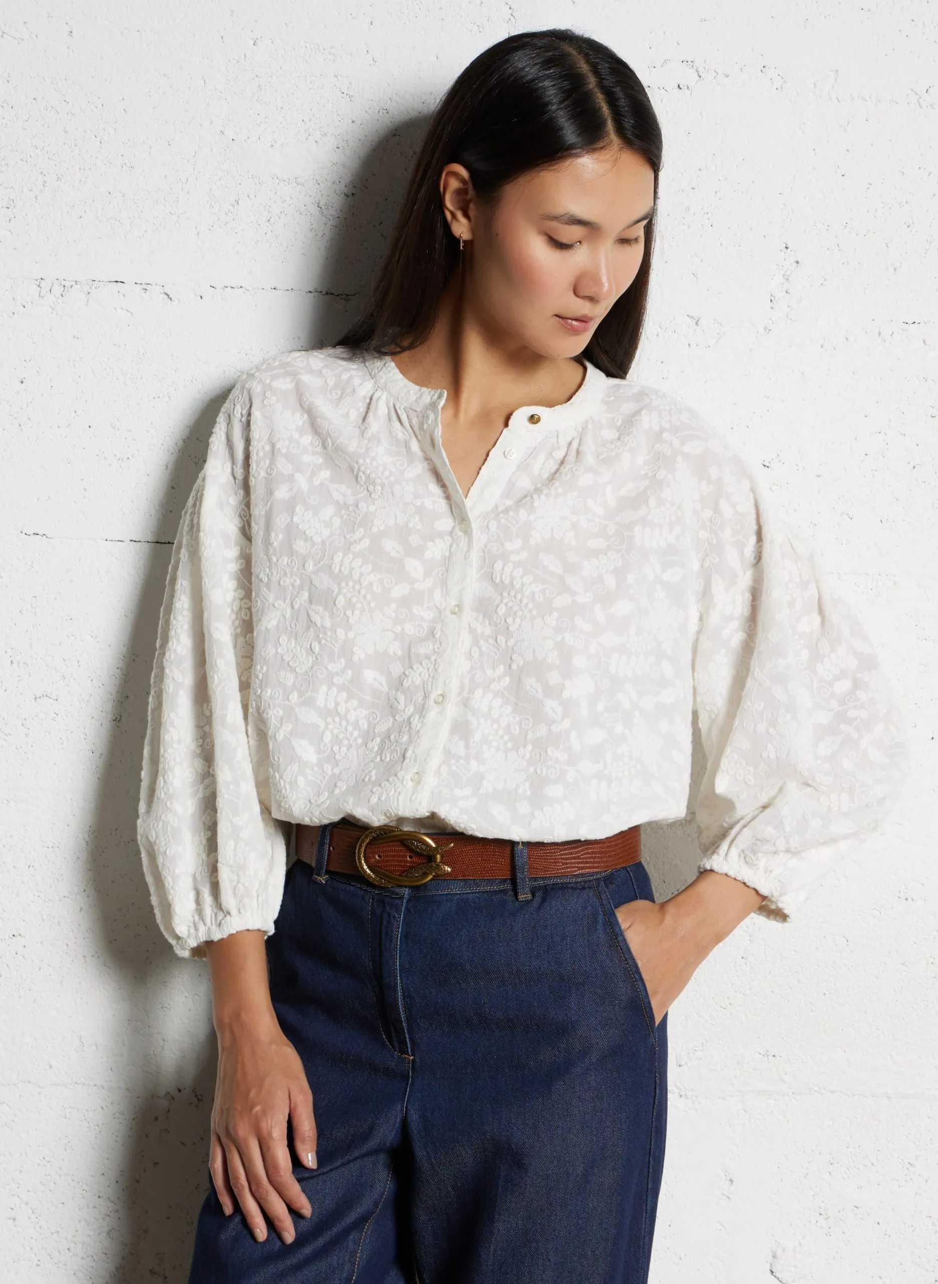 Weite Bluse mit Mao-Kragen Beige SIENA