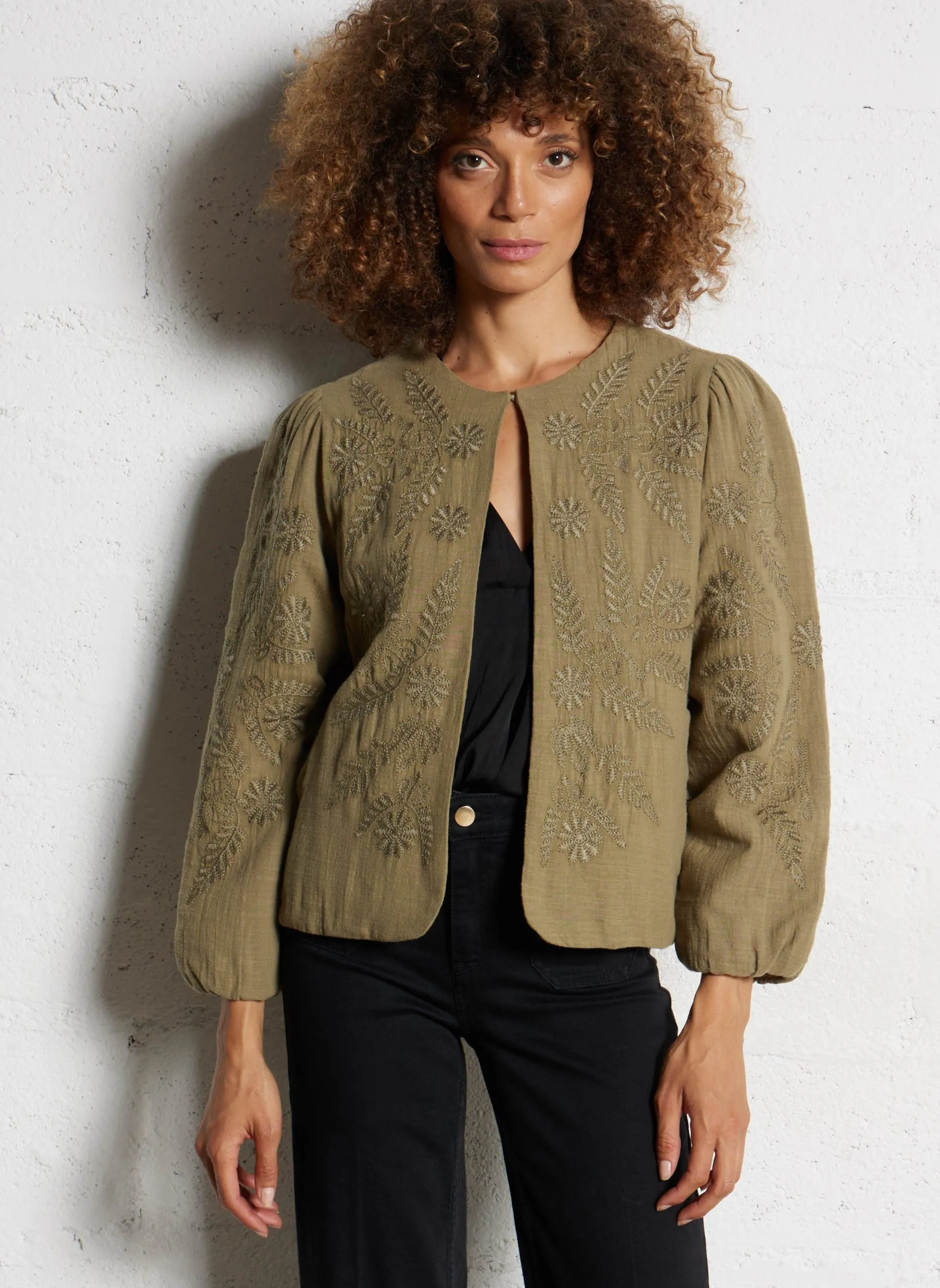 Bestickte Baumwolljacke mit Rundhalsausschnitt Khaki PAMINA