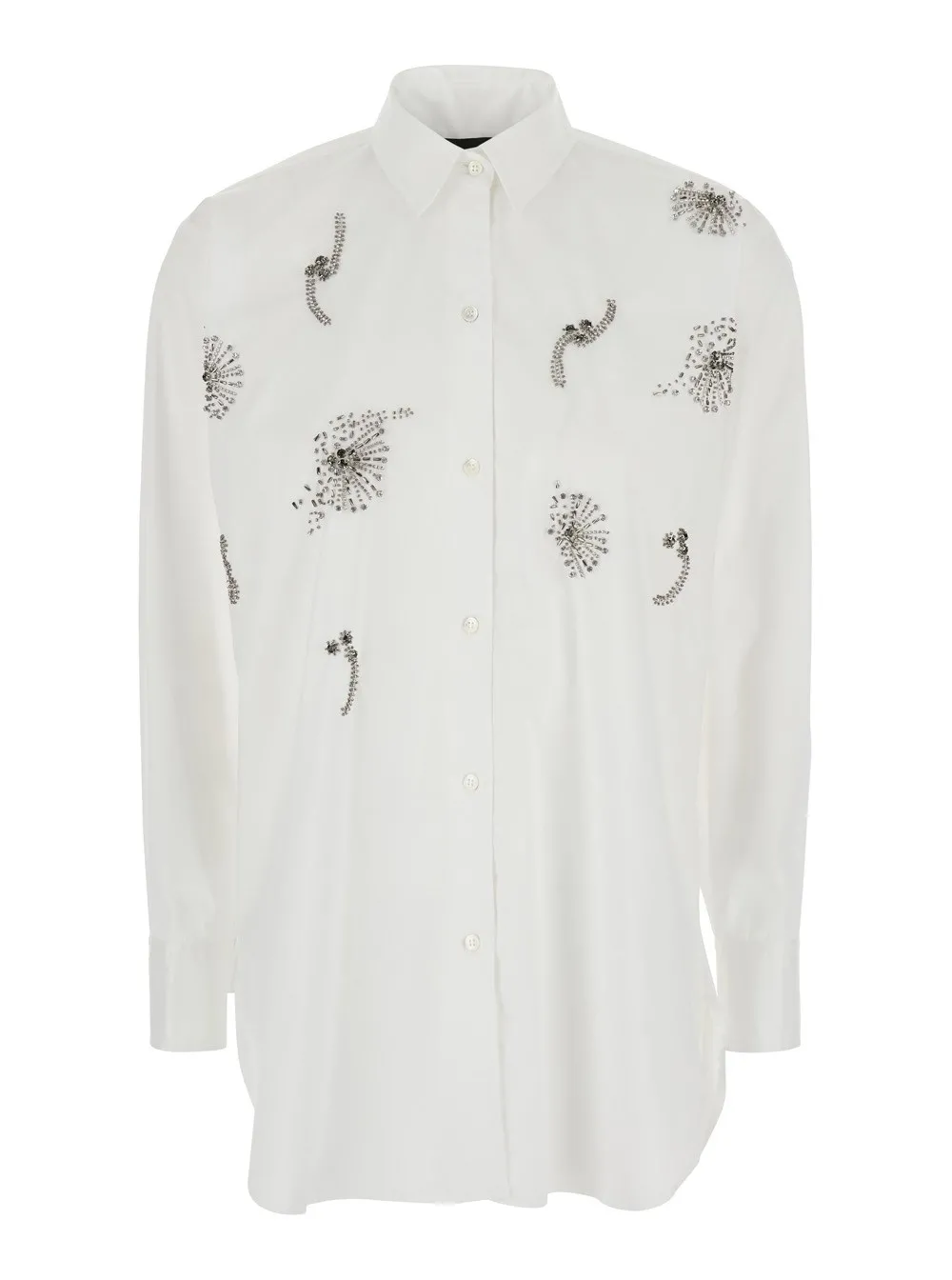Weißes Hemd mit klassischem Kragen und Strassverzierungen vorne aus Baumwollmischung Stretch Damen
