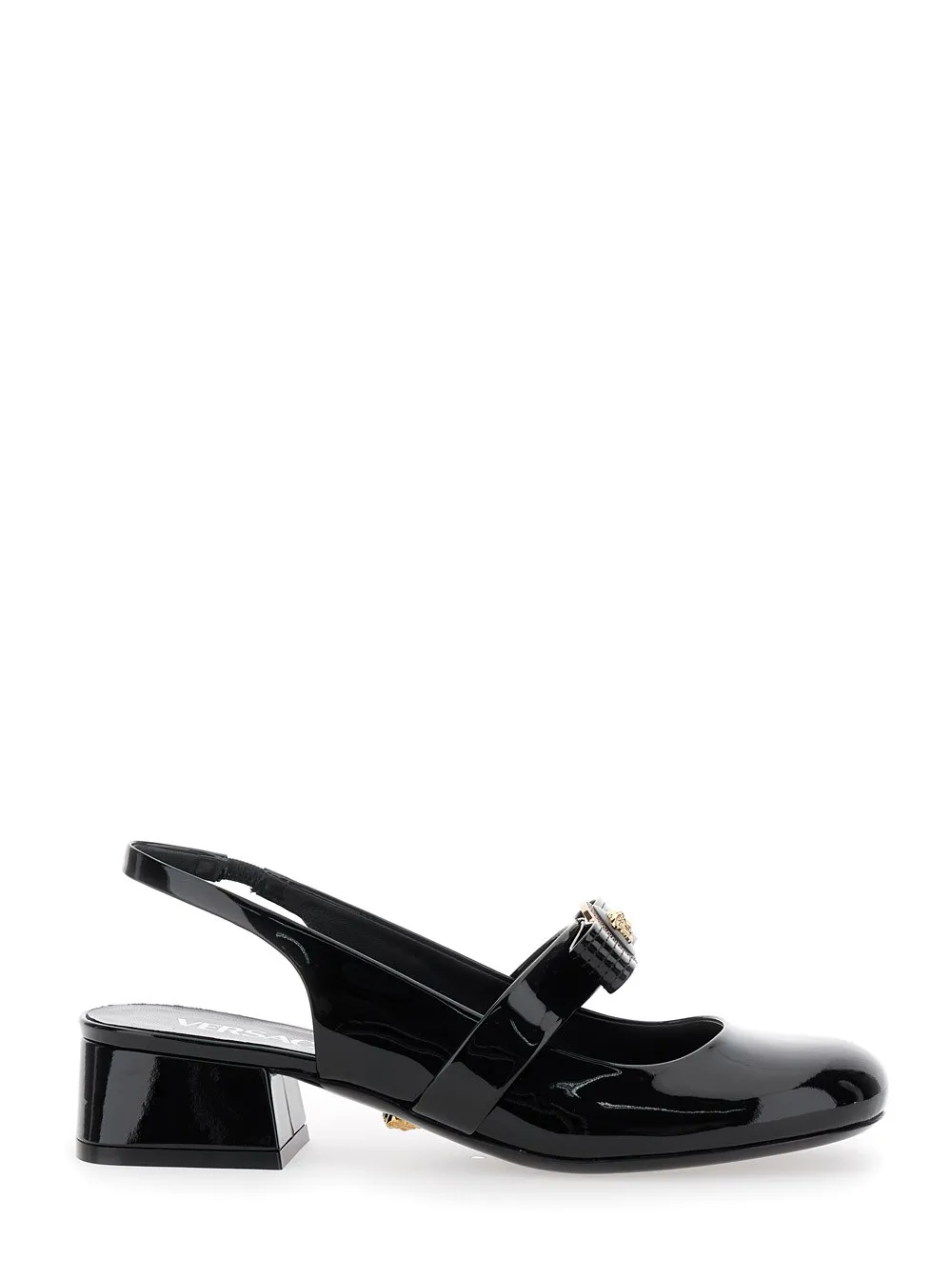 Schwarze Ballerina-Schuhe mit Absatz und Medusa-Detail auf der Vorderseite aus glänzendem Leder Damen