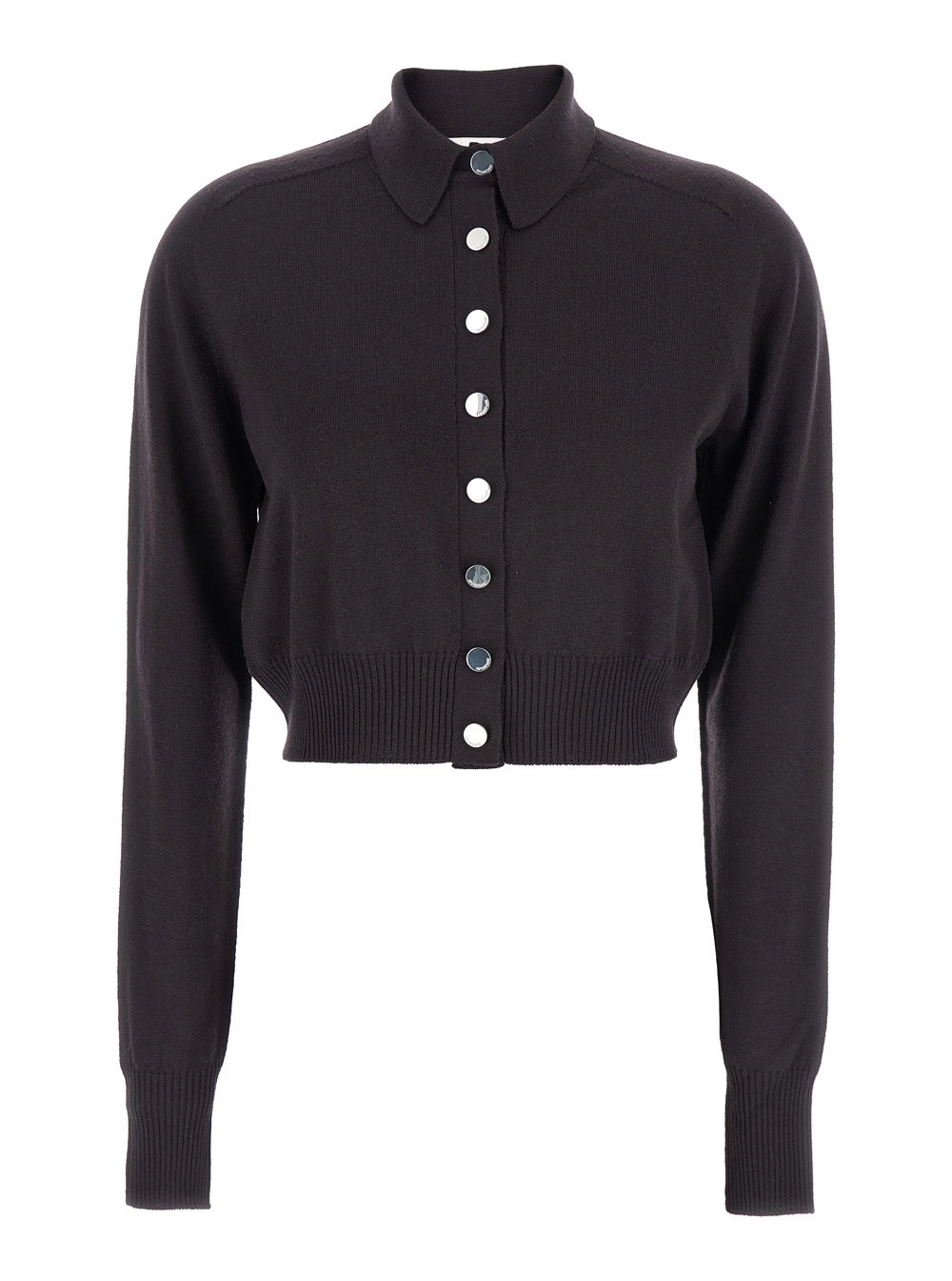 Cropped-Cardigan "Perseo" für Damen aus Wolle in Schwarz mit Button-Down-Kragen und gerippten Besätzen