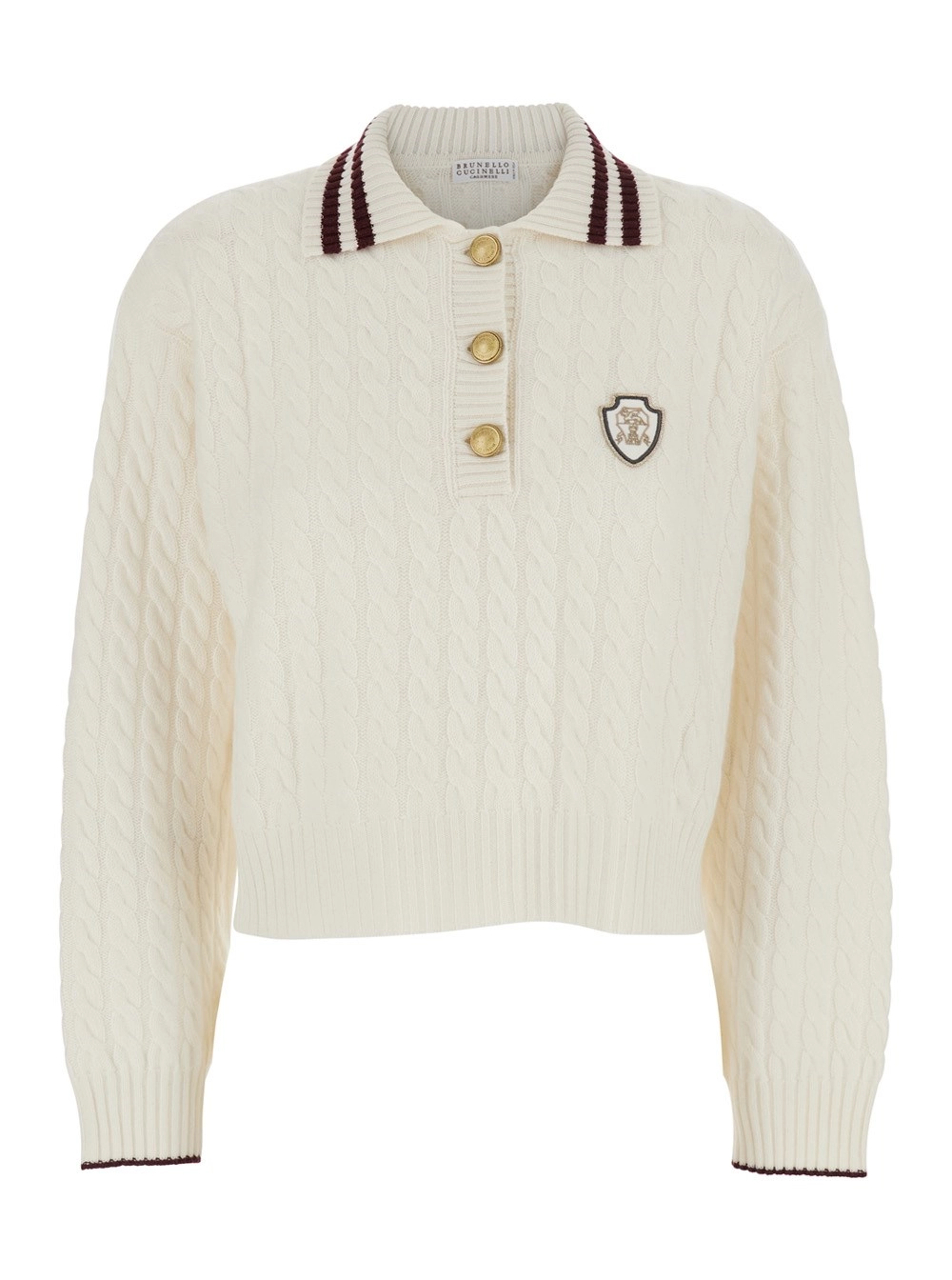 Weißes Polohemd mit klassischem Kragen und Logoaufnäher vorne aus Kaschmir Damen