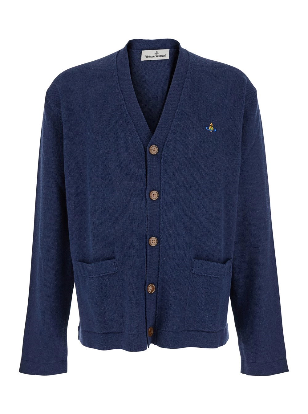 Blauer Cardigan mit V-Ausschnitt und Orb-Verzierung auf der Vorderseite aus Baumwolle Herren