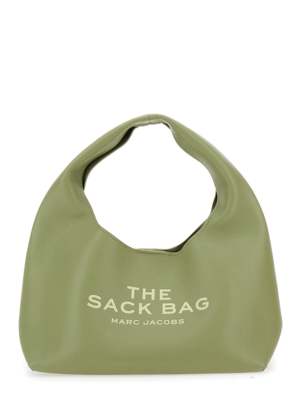 Umhängetasche "The Sack" für Damen aus genarbtem Leder in Grün mit Maxi-Logo-Schriftzug vorne und Logo-Aufnäher hinten