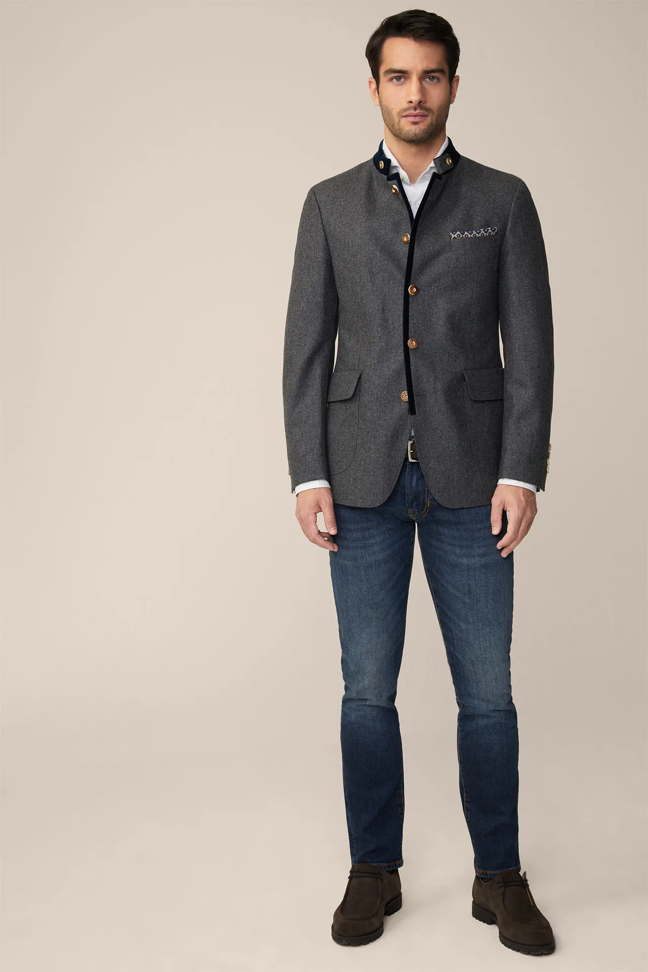 Trachten-Janker Sendling aus Wolle in Grau-Navy