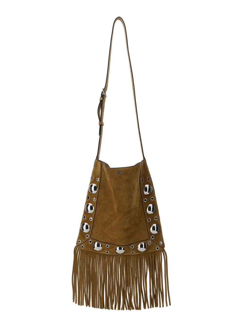 Beige Umhängetasche "Nellcote" mit Fransen und VLogo-Plakette auf der Vorderseite aus Leder Damen