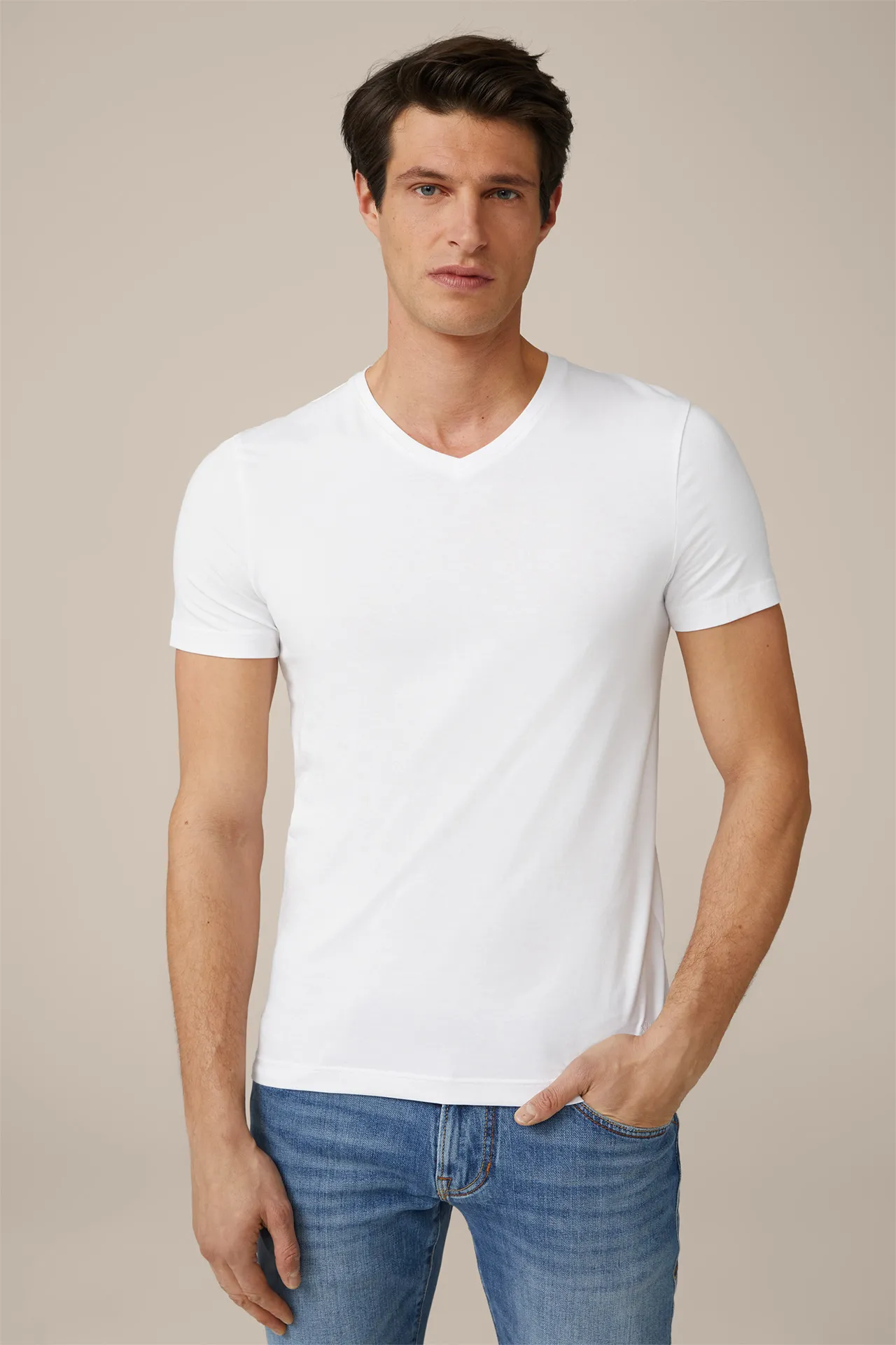 Two-Pack-Baumwollmix T-Shirts mit Stretch und V-Ausschnitt in Weiß