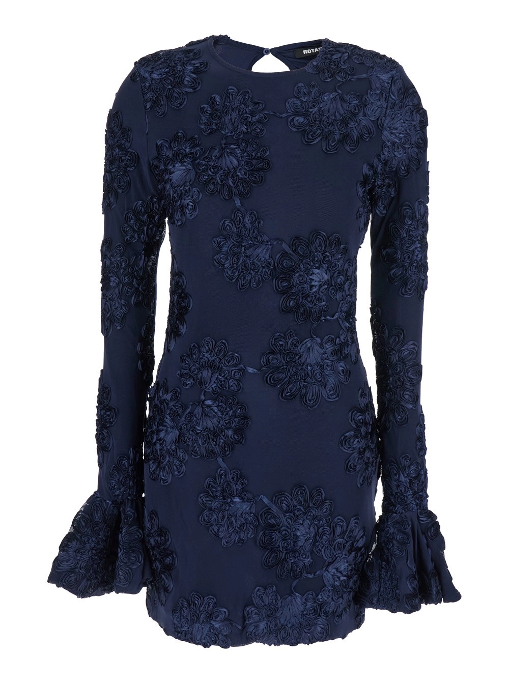 Blaues Kleid mit Netzeinsätzen und geprägten Blumen aus Stoff Damen