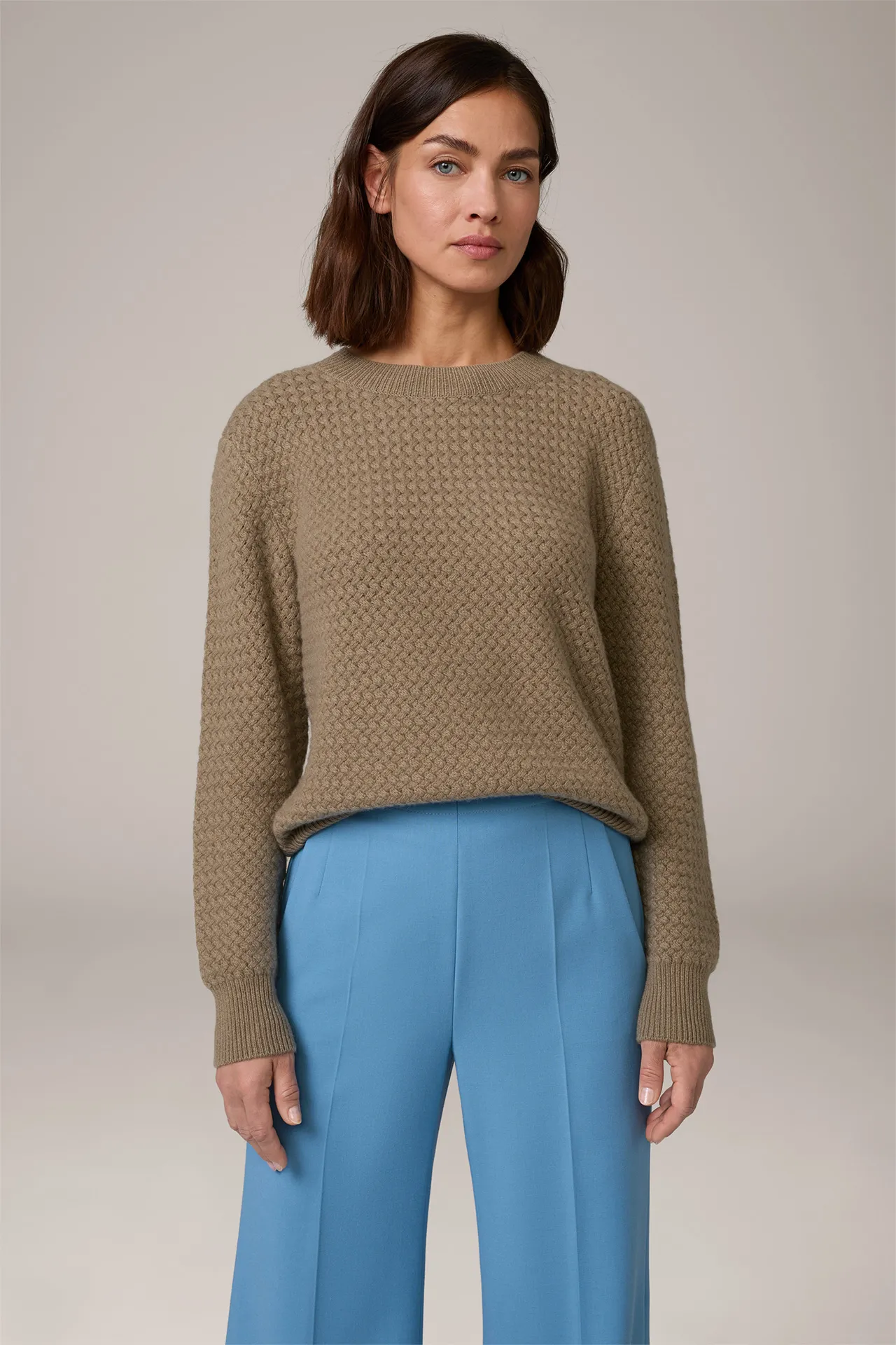Cashmere-Pullover mit Waffelstruktur in Dunkelbeige