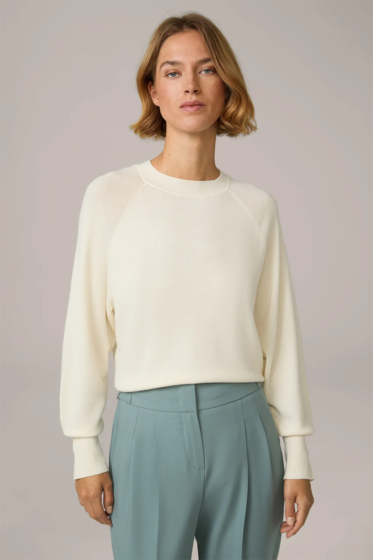 Schurwoll-Seidenmix-Fein-Strick-Pullover in Ecru