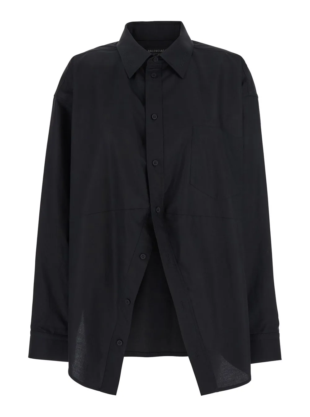 Schwarzes Hemd mit spitzem Kragen und Schlitz vorne aus Baumwolle Damen