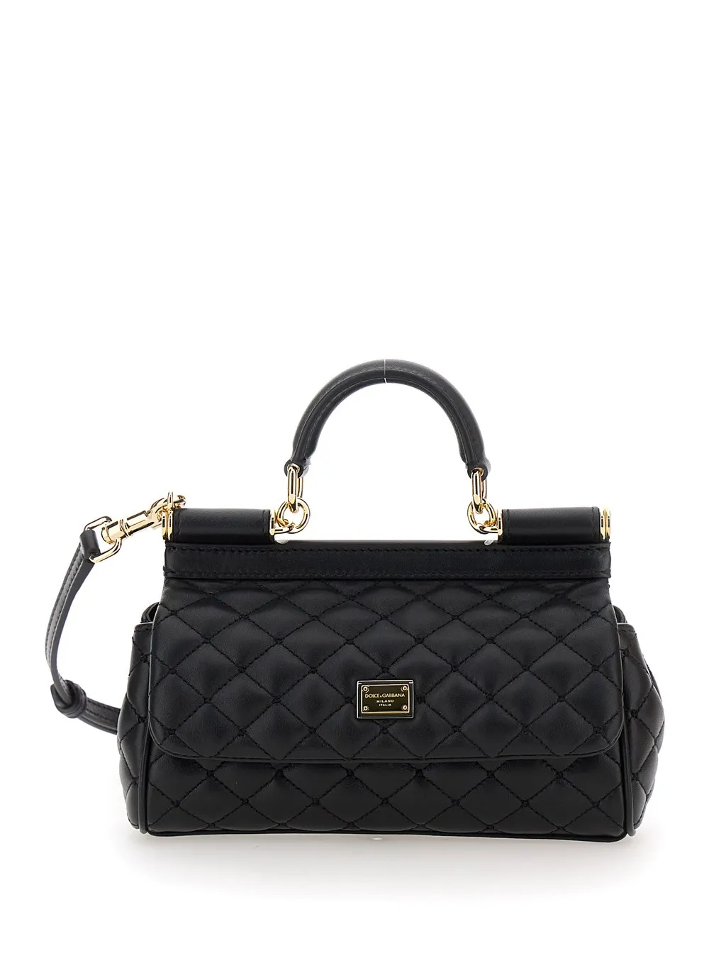 'Sicily' Black Handbag with Logo Plaque in Quilted Leather Woman