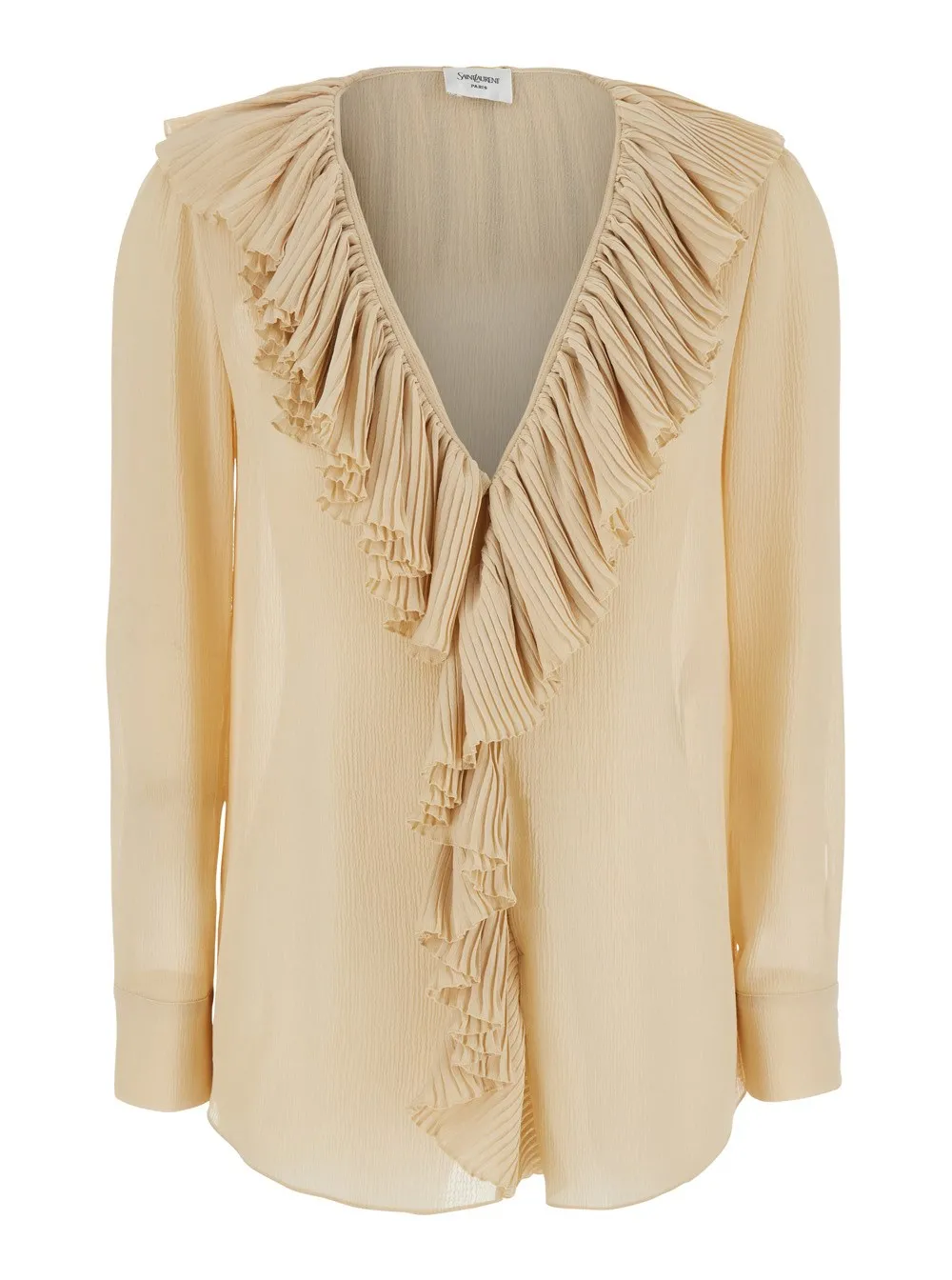 Bluse für Damen aus Seide in Beige mit V-Ausschnitt und Rüschen vorne und hinten